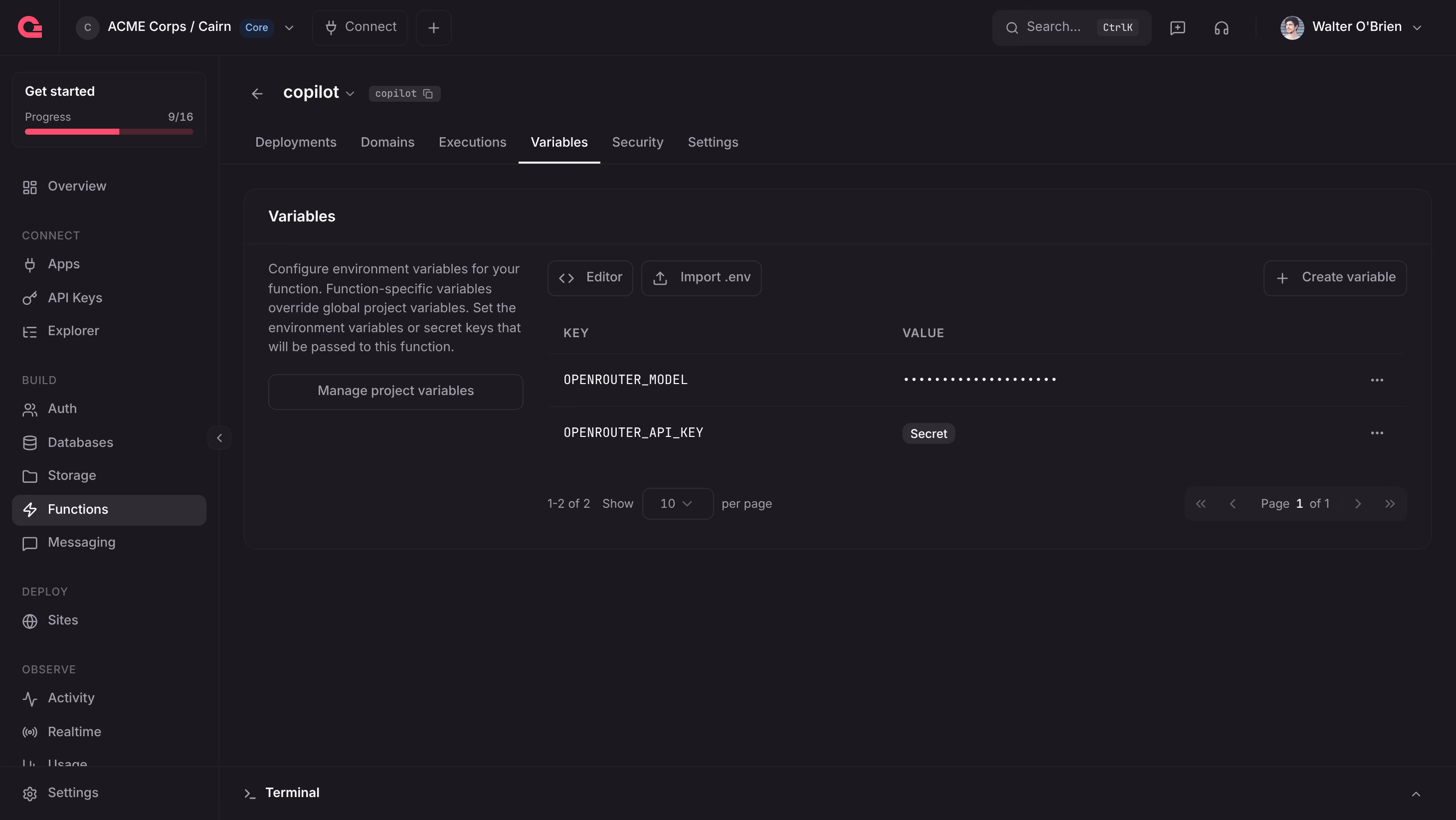 The Variables tab of the copilot function with OPENROUTER_API_KEY marked as secret and OPENROUTER_MODEL set to openai/gpt-6-luna