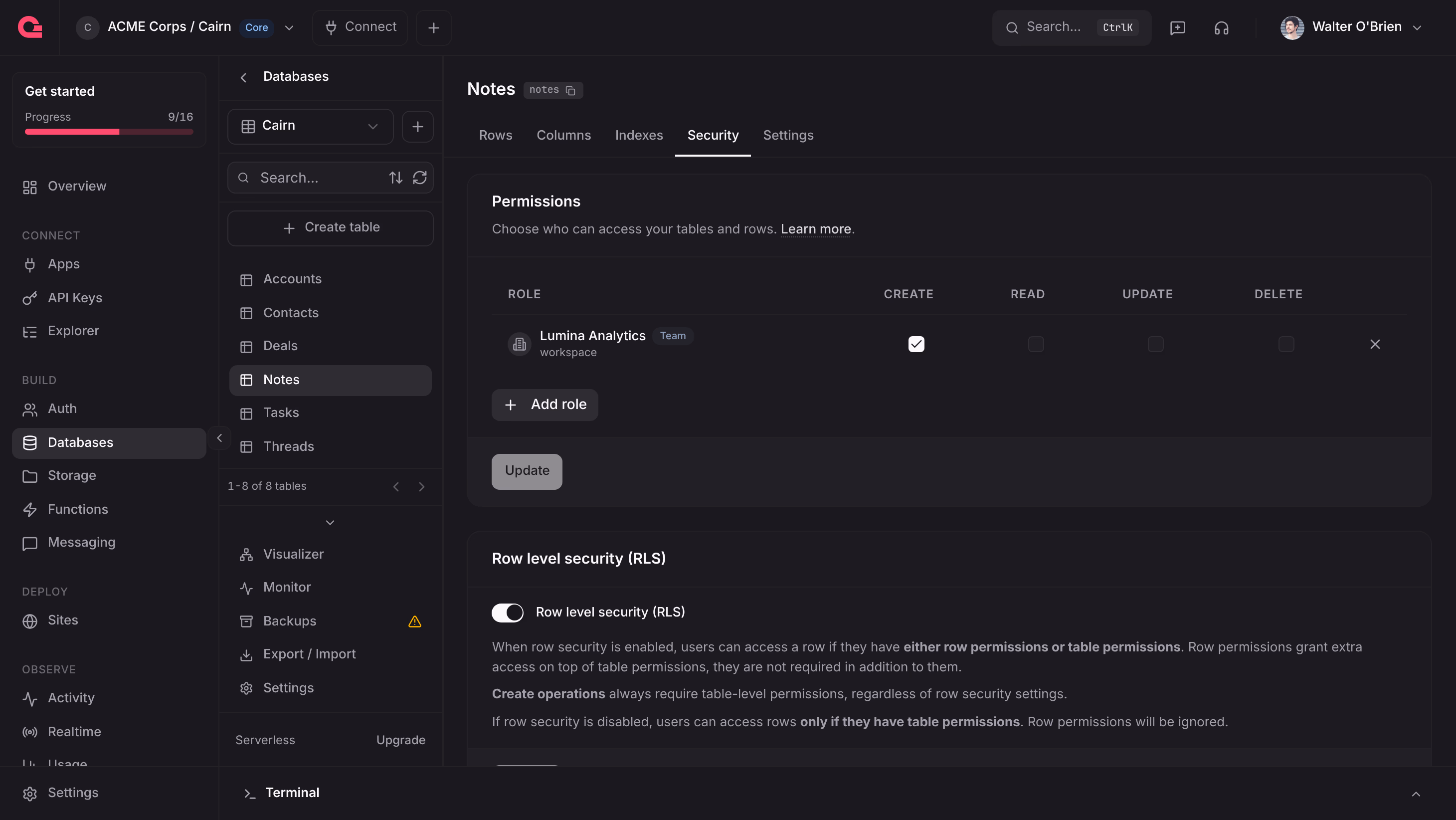 The Security tab of the notes table with create permission for the Lumina Analytics team and row level security turned on