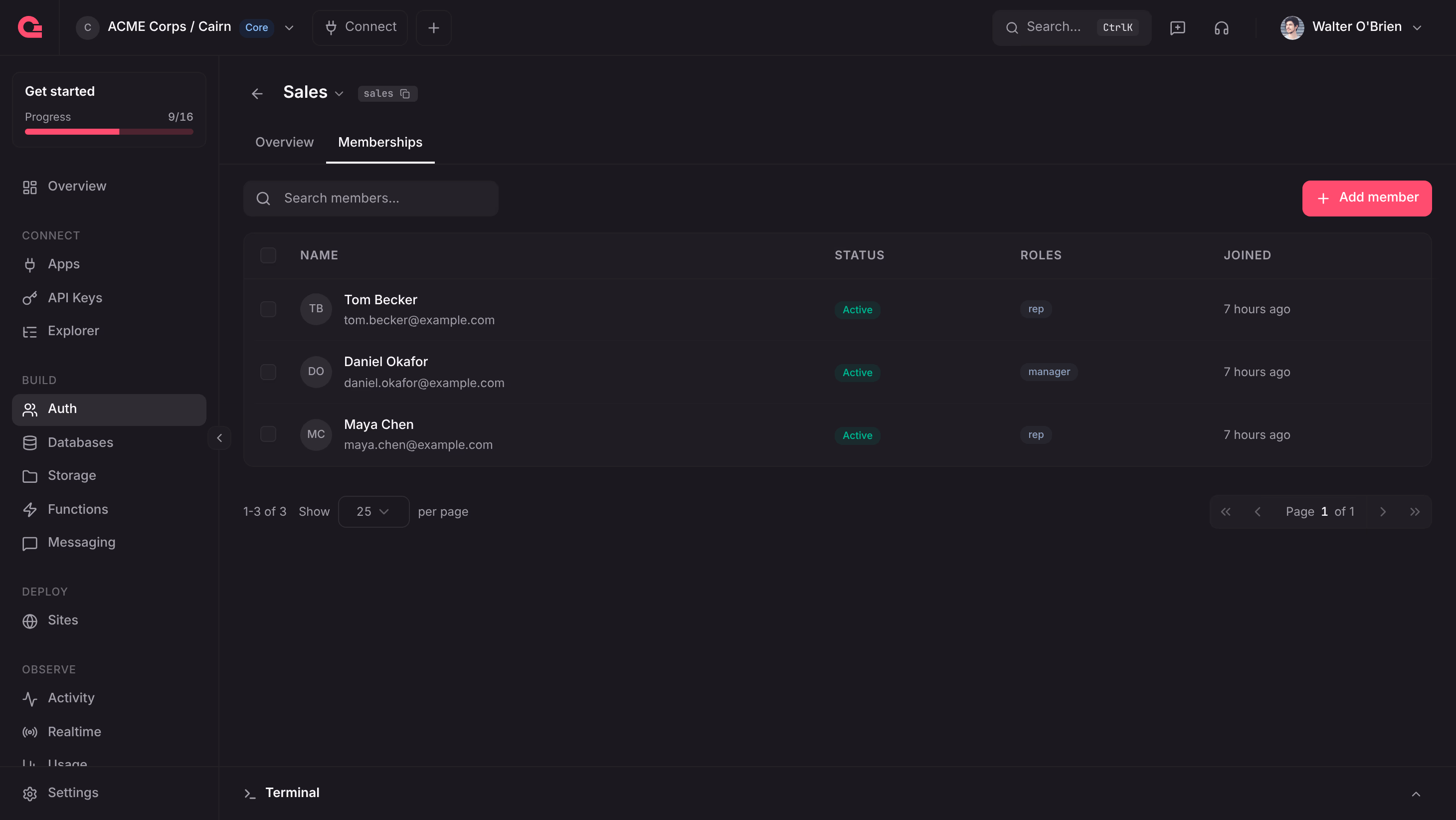 The Memberships tab of the Sales team in the Appwrite Console with Tom Becker and Maya Chen as rep and Daniel Okafor as manager