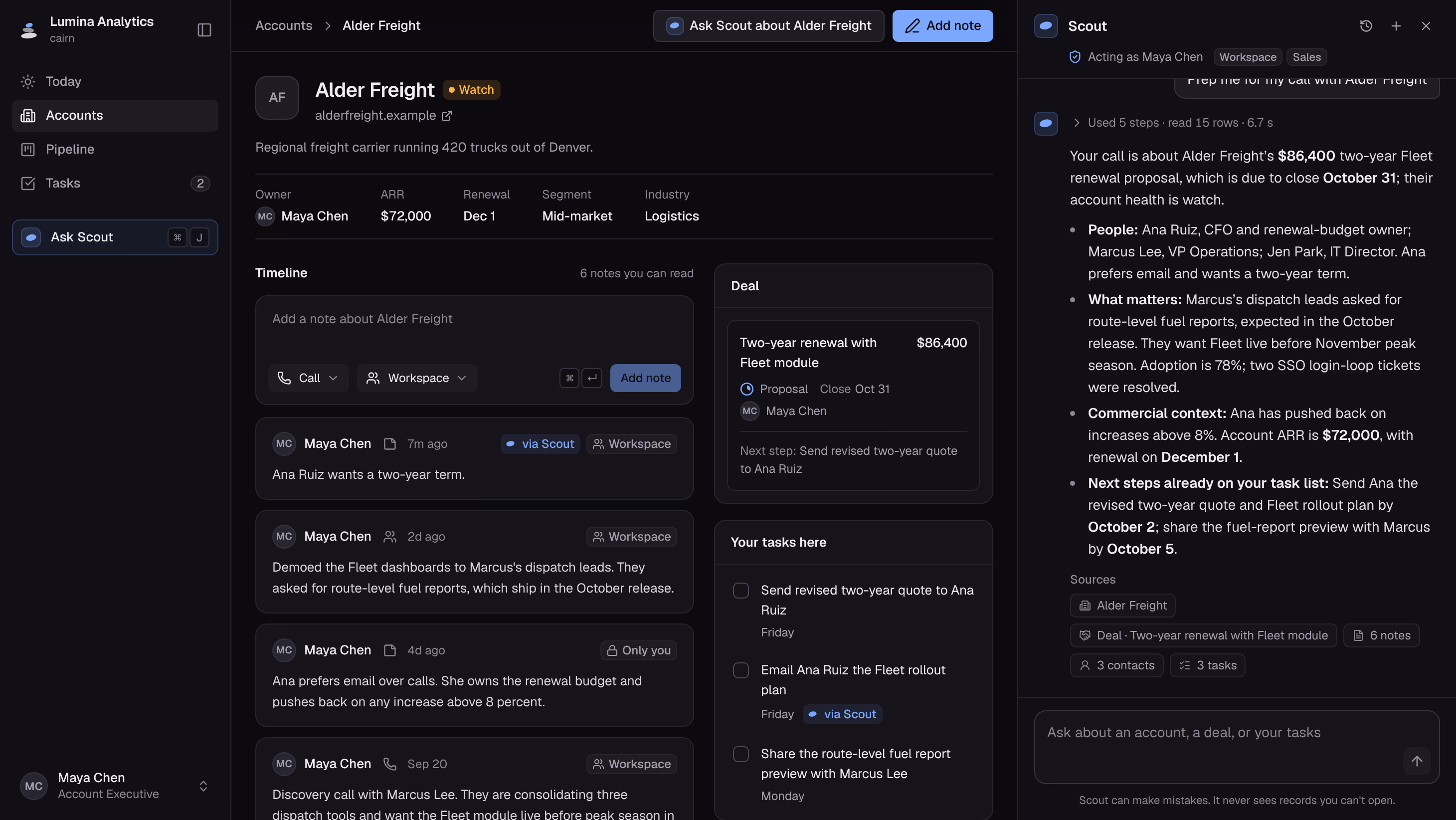 The Alder Freight account page with the Scout panel open, showing a completed briefing for Maya Chen and the Sources chips under the answer