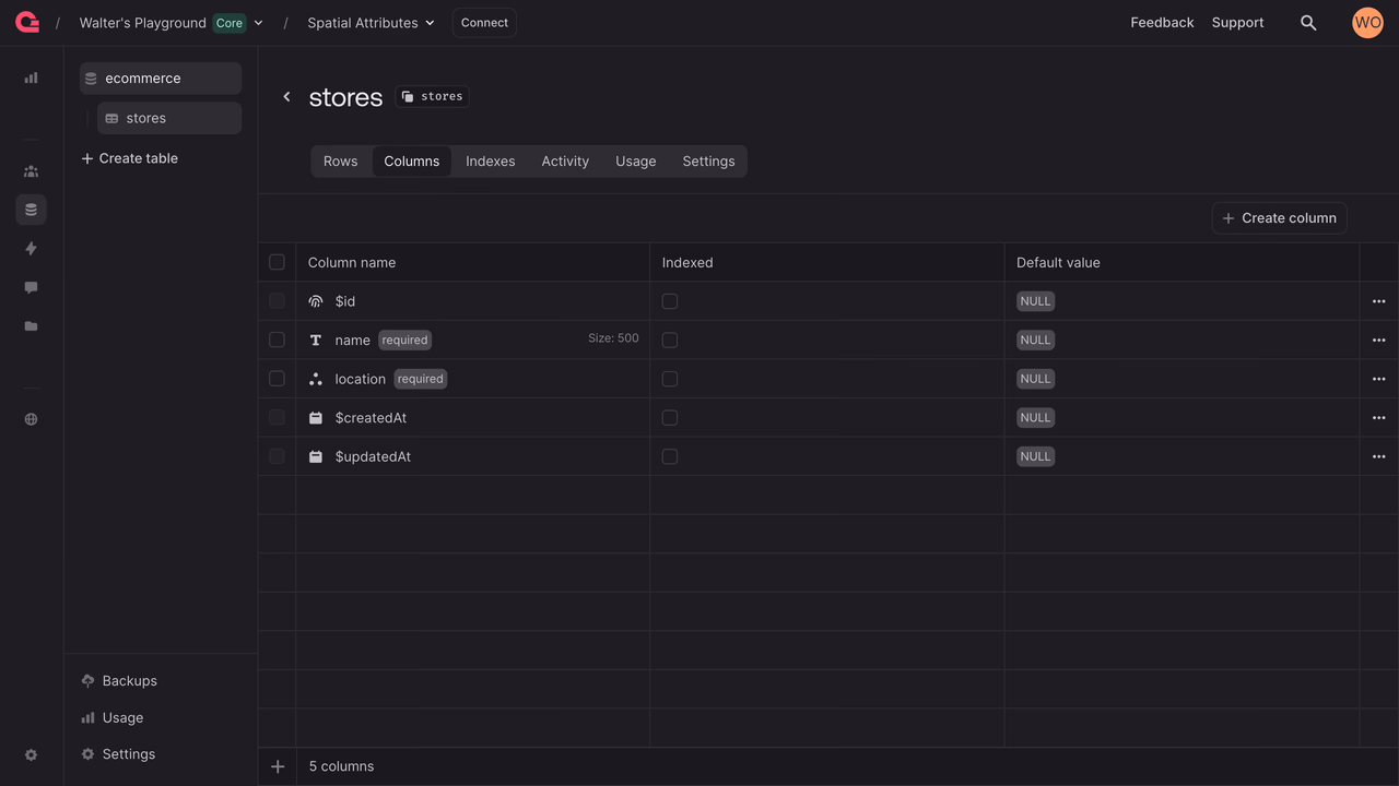 Adding spatial columns in Appwrite console