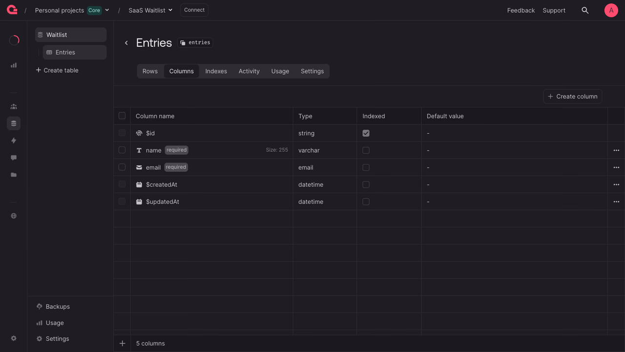 Entries table columns in the Appwrite Console