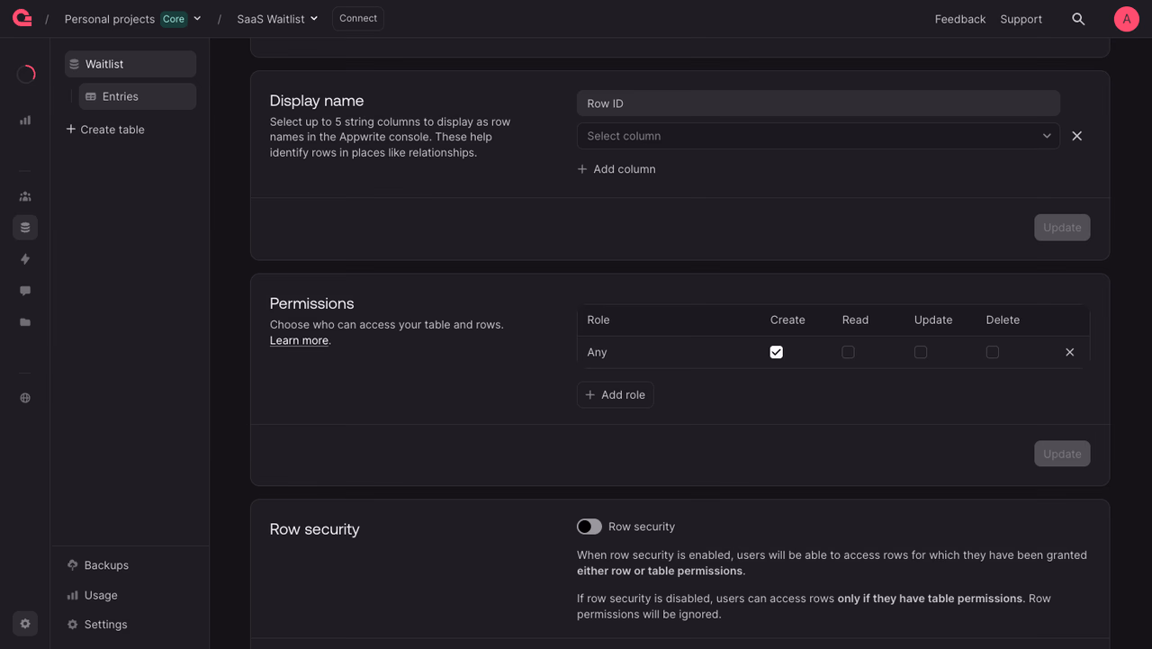 Permissions panel with Any role granted Create only
