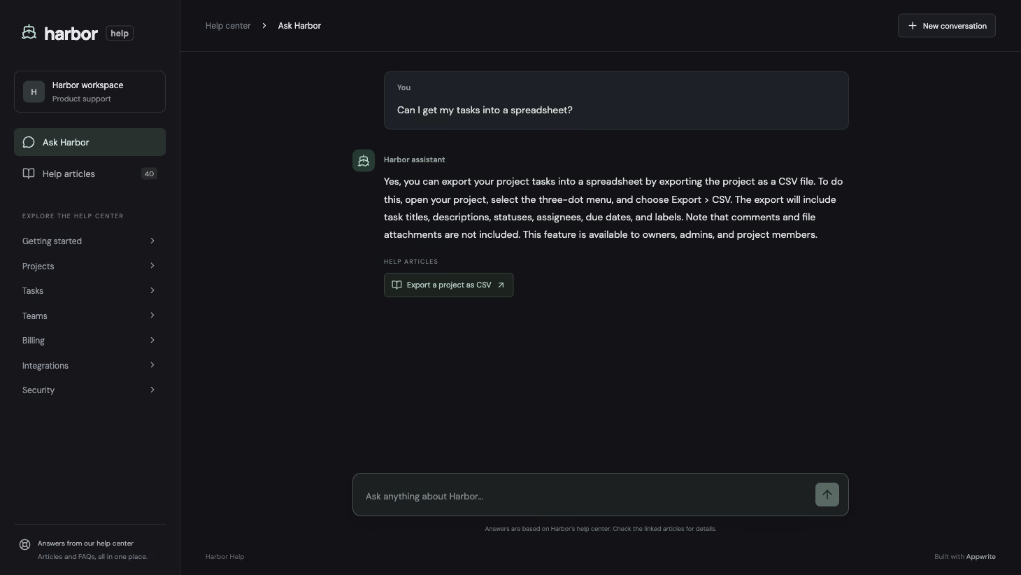 A live answer about CSV exports with a link to the original help article