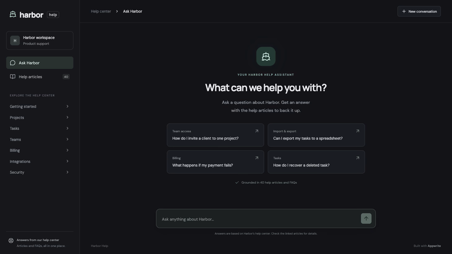 Harbor Help with suggested questions and a chat input