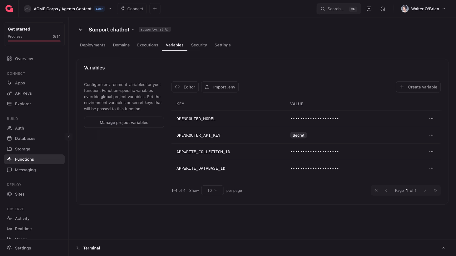 The Support chatbot Function with its configured environment variables