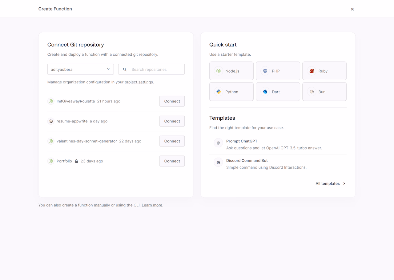 Appwrite Cloud Functions page