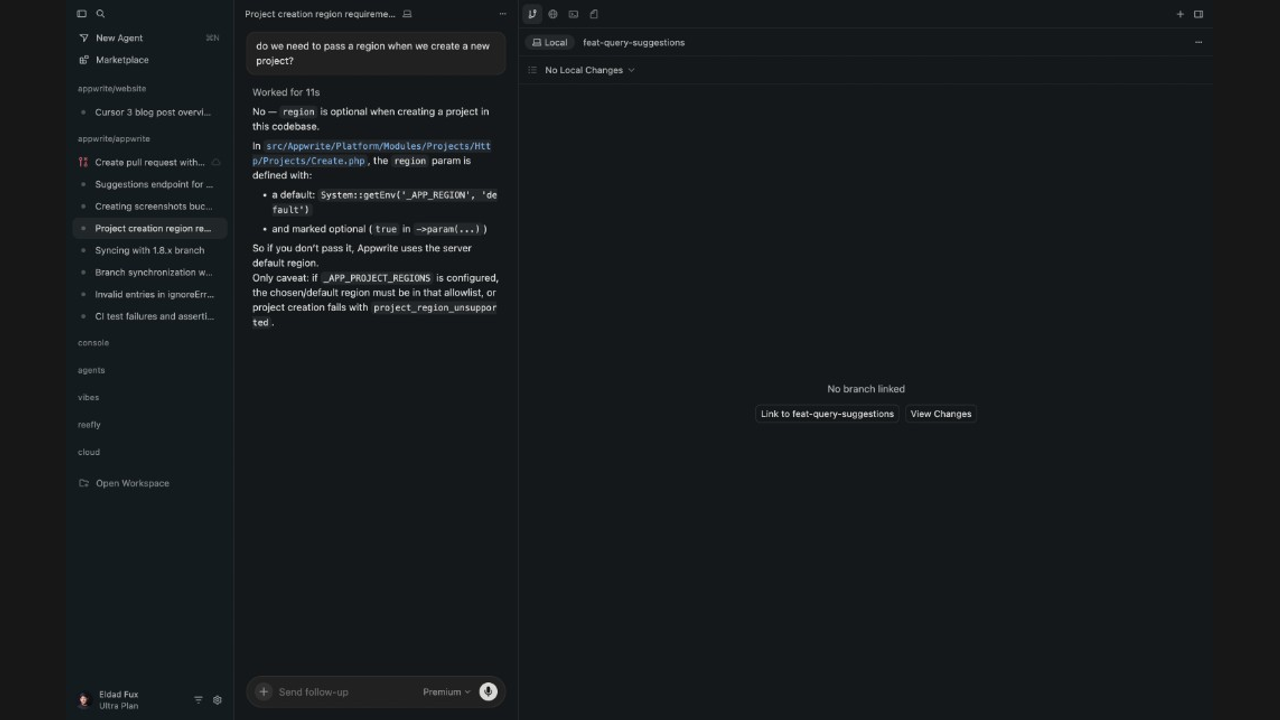 Cursor agent answering a question about the Appwrite codebase, with agent threads and Appwrite repositories in the sidebar.