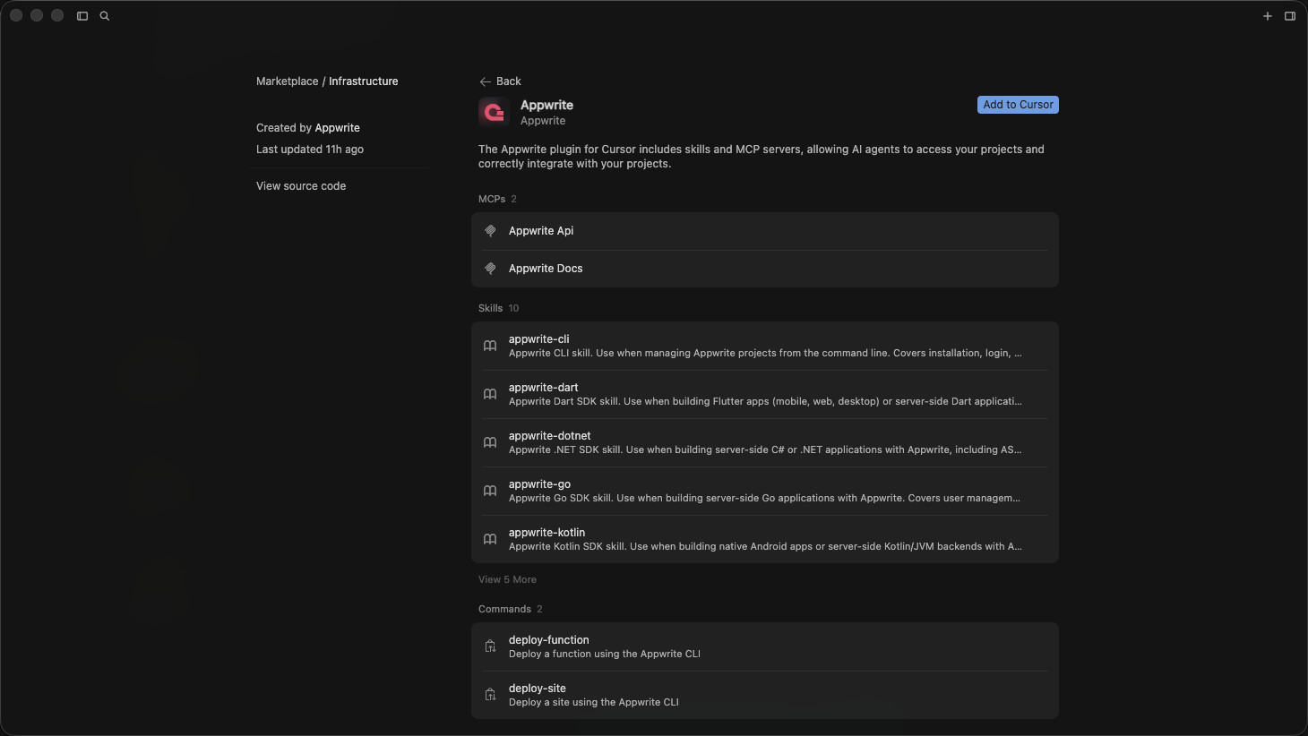 Appwrite plugin in the Cursor Marketplace showing available MCPs, skills, and commands.
