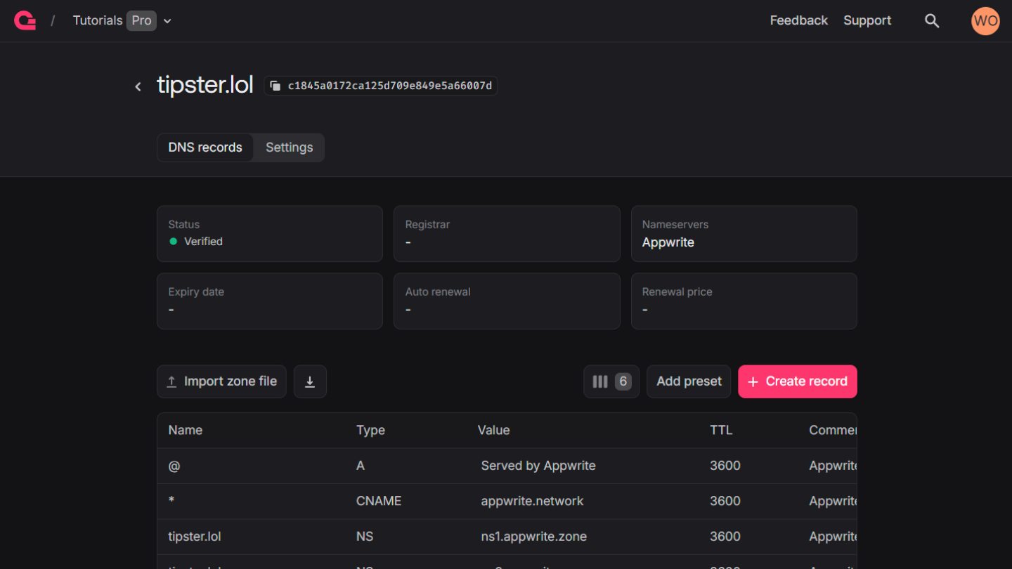 Domain verified successfully on Appwrite console