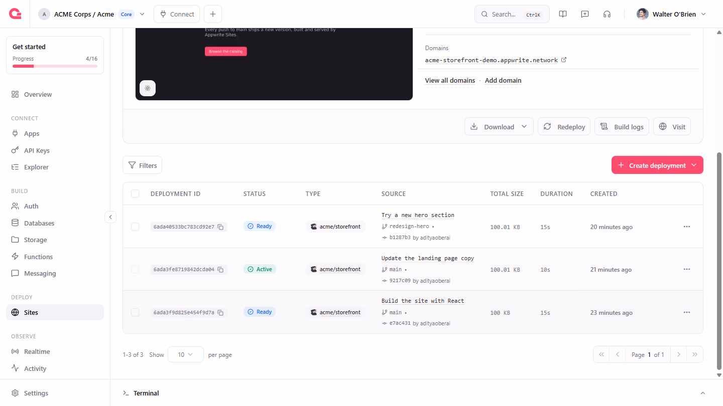 The deployments list with the redesign-hero deployment ready and the main deployment active