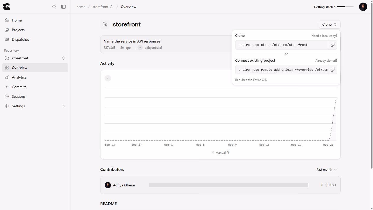 The Clone menu of an Entire repository with commands to clone it or connect an existing project