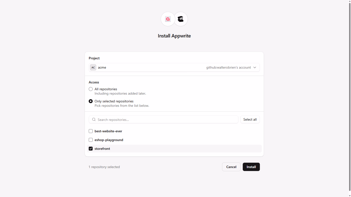Entire's Install Appwrite page with the acme project selected and the storefront repository checked
