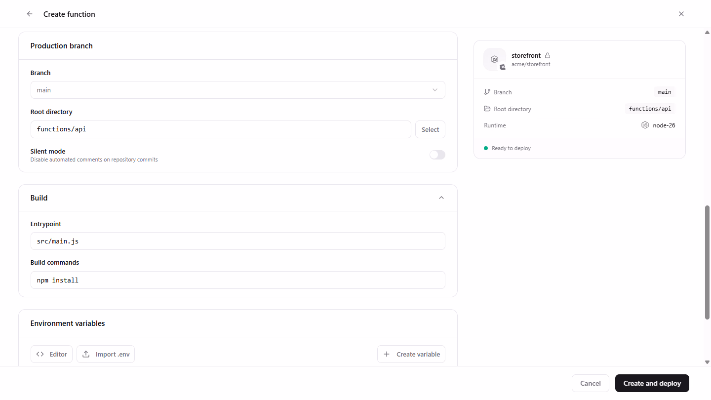 The Create function form with functions/api as the root directory and src/main.js as the entrypoint