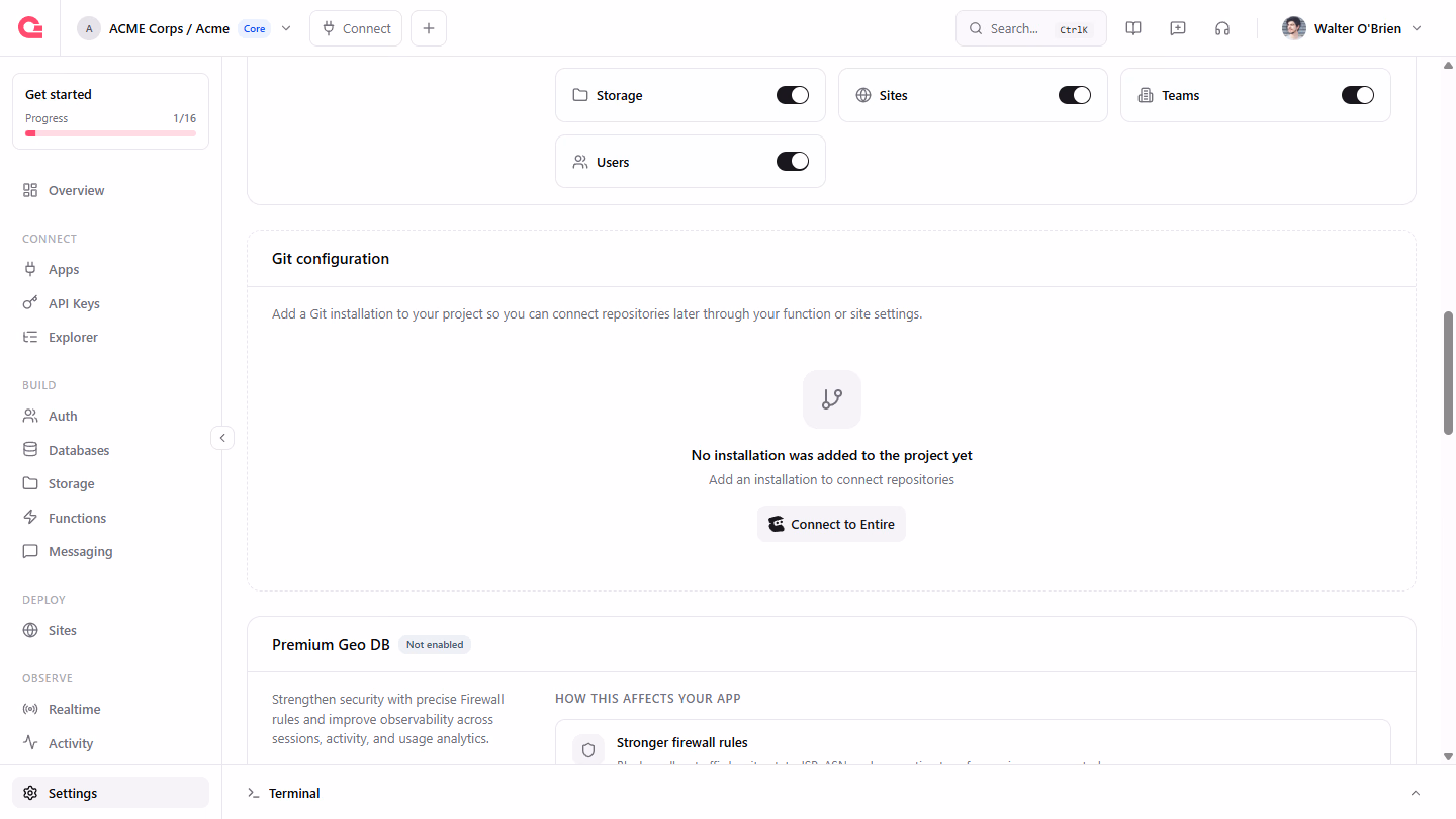 The Git configuration card of an Appwrite project with a Connect to Entire button
