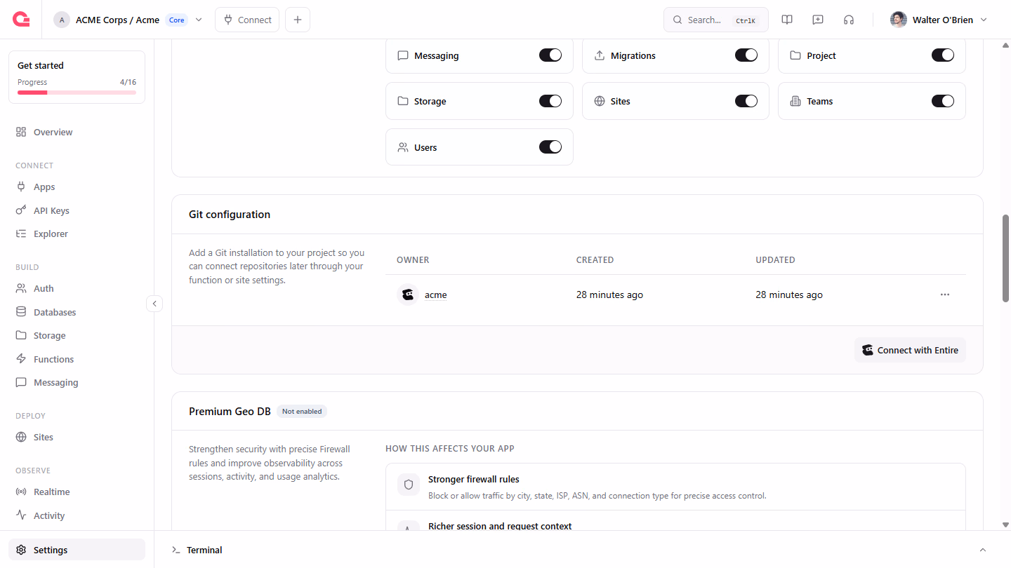 The Git configuration card listing the acme Entire project as an installation