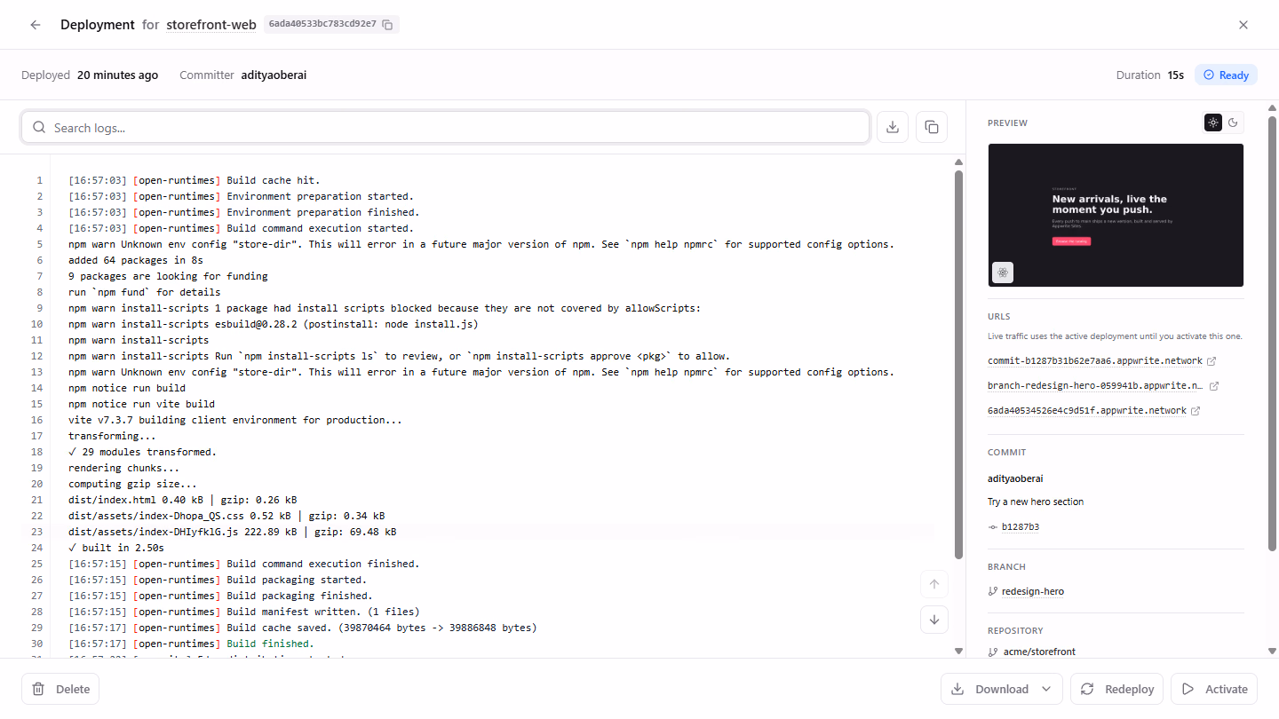 A branch deployment's preview and its branch and commit URLs