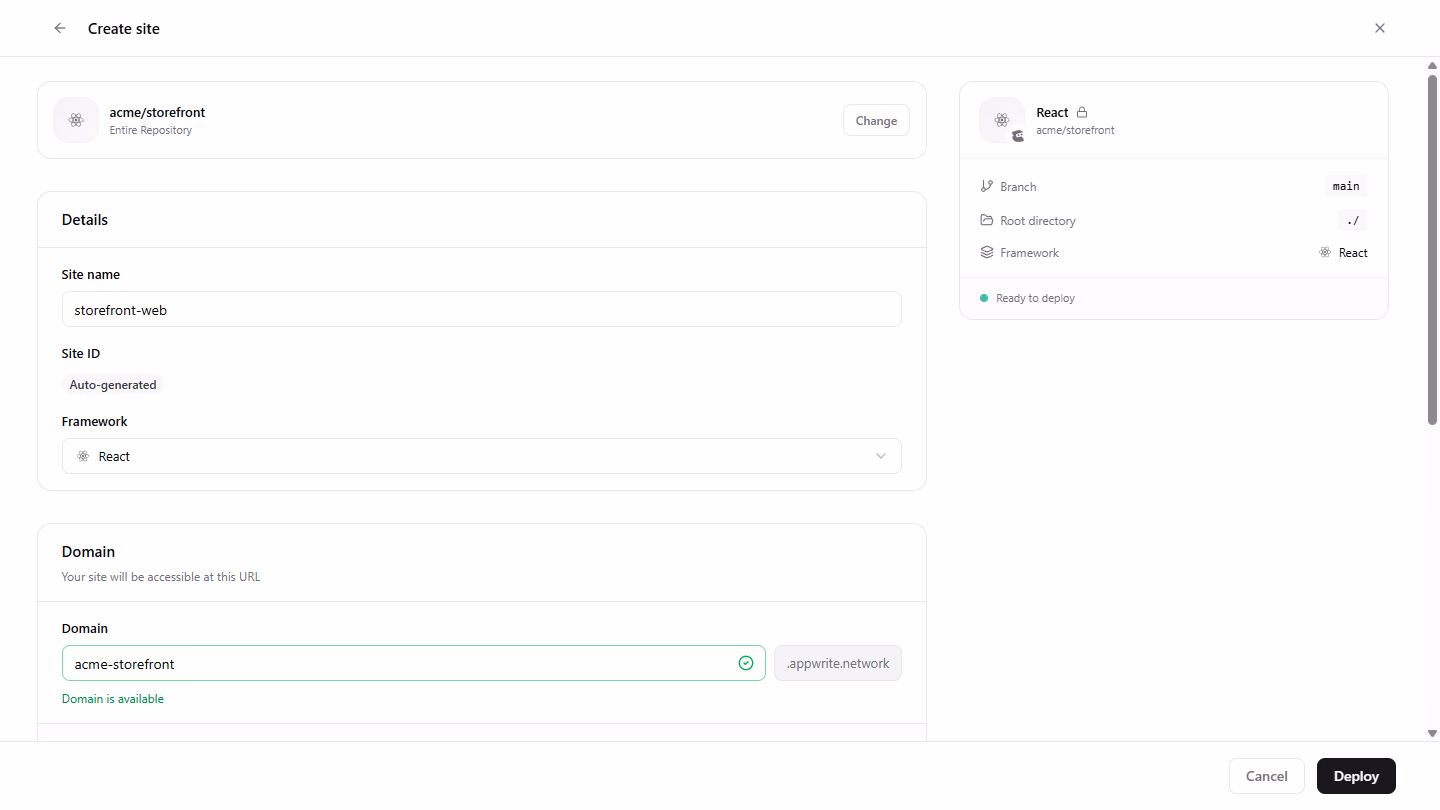 The Create site form with React detected from the acme/storefront Entire repository