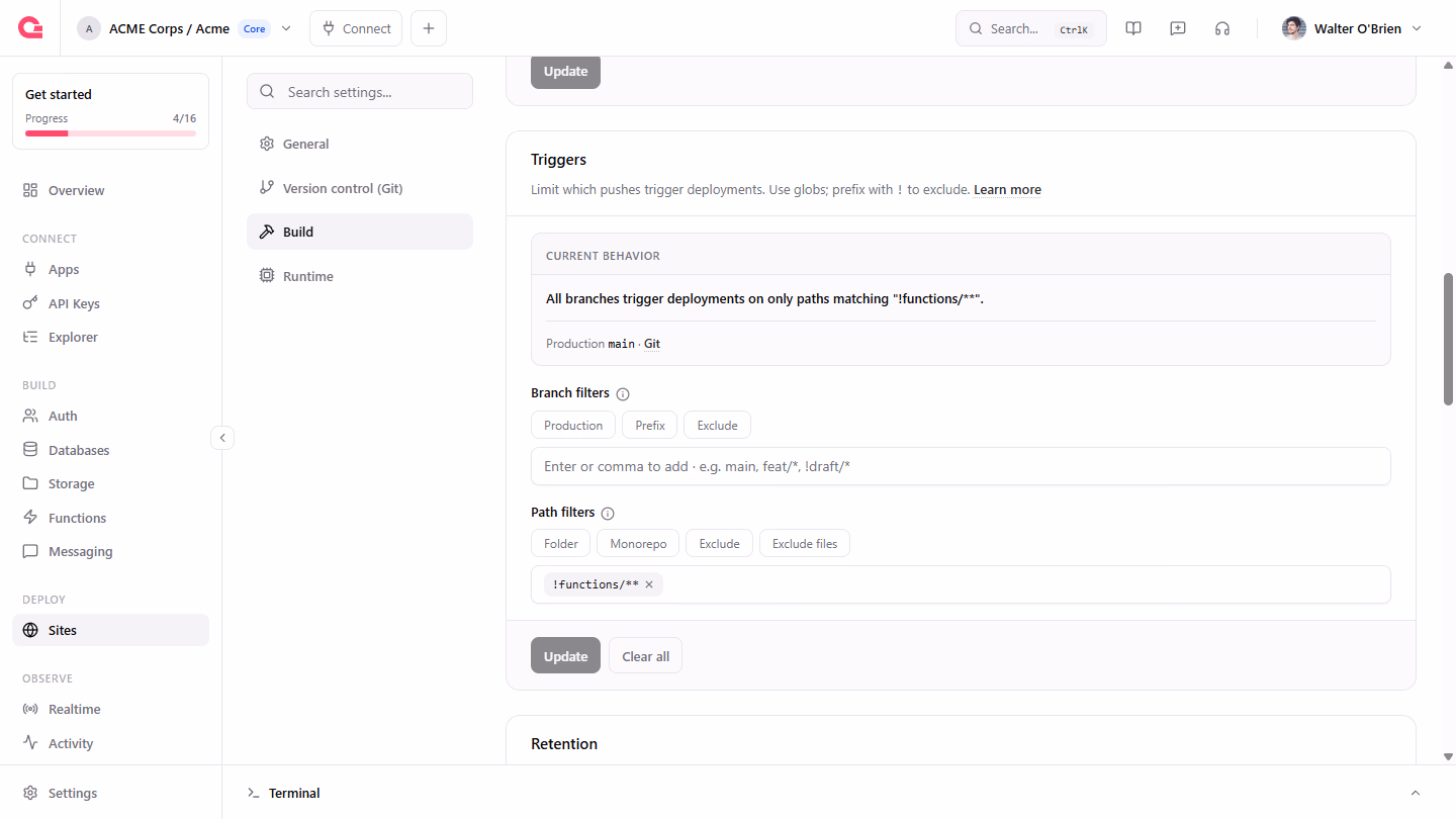 The Triggers card of a site with the !functions/** path filter