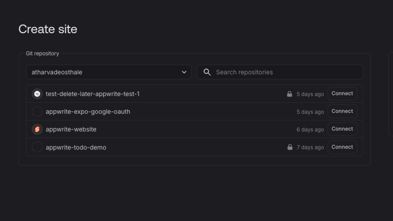 Connecting your GitHub repository to Appwrite Sites