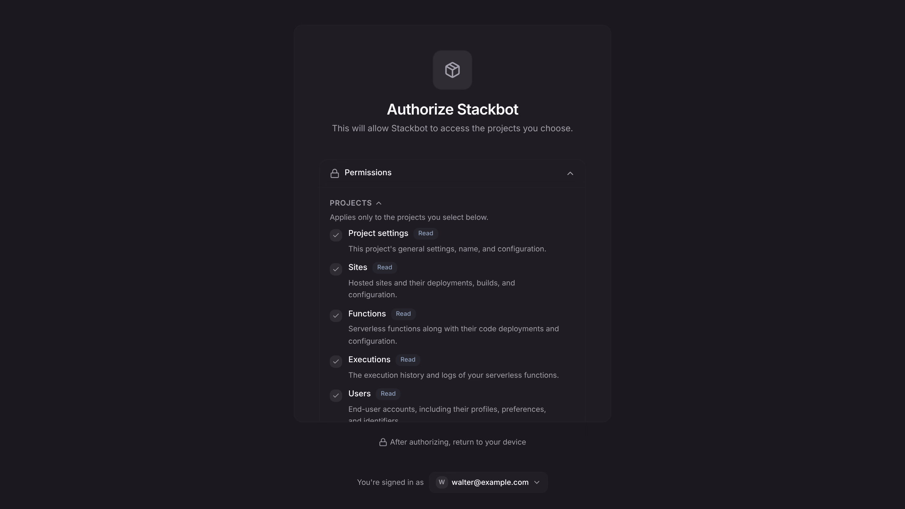 The Appwrite consent screen asking to authorize Stackbot with read access to project settings, sites, functions, executions, and users