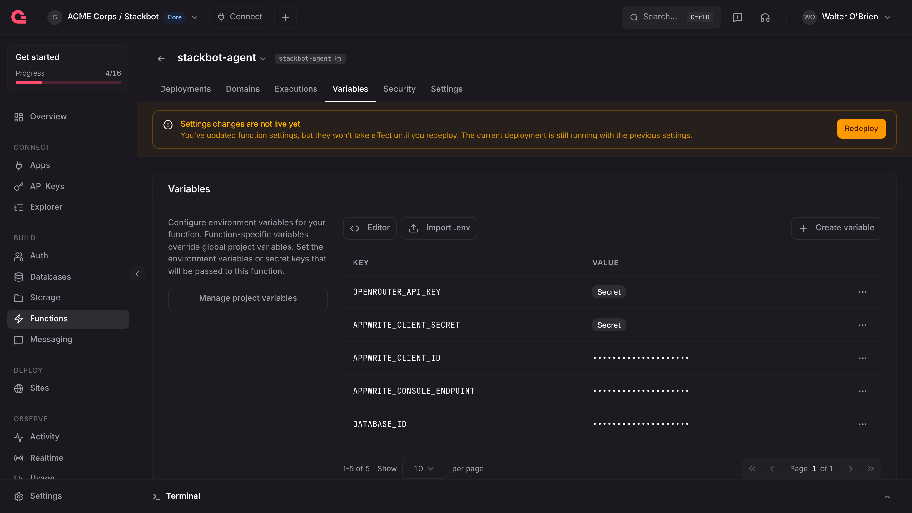 The Variables tab of the stackbot-agent function with the OpenRouter key and the client secret marked as secret
