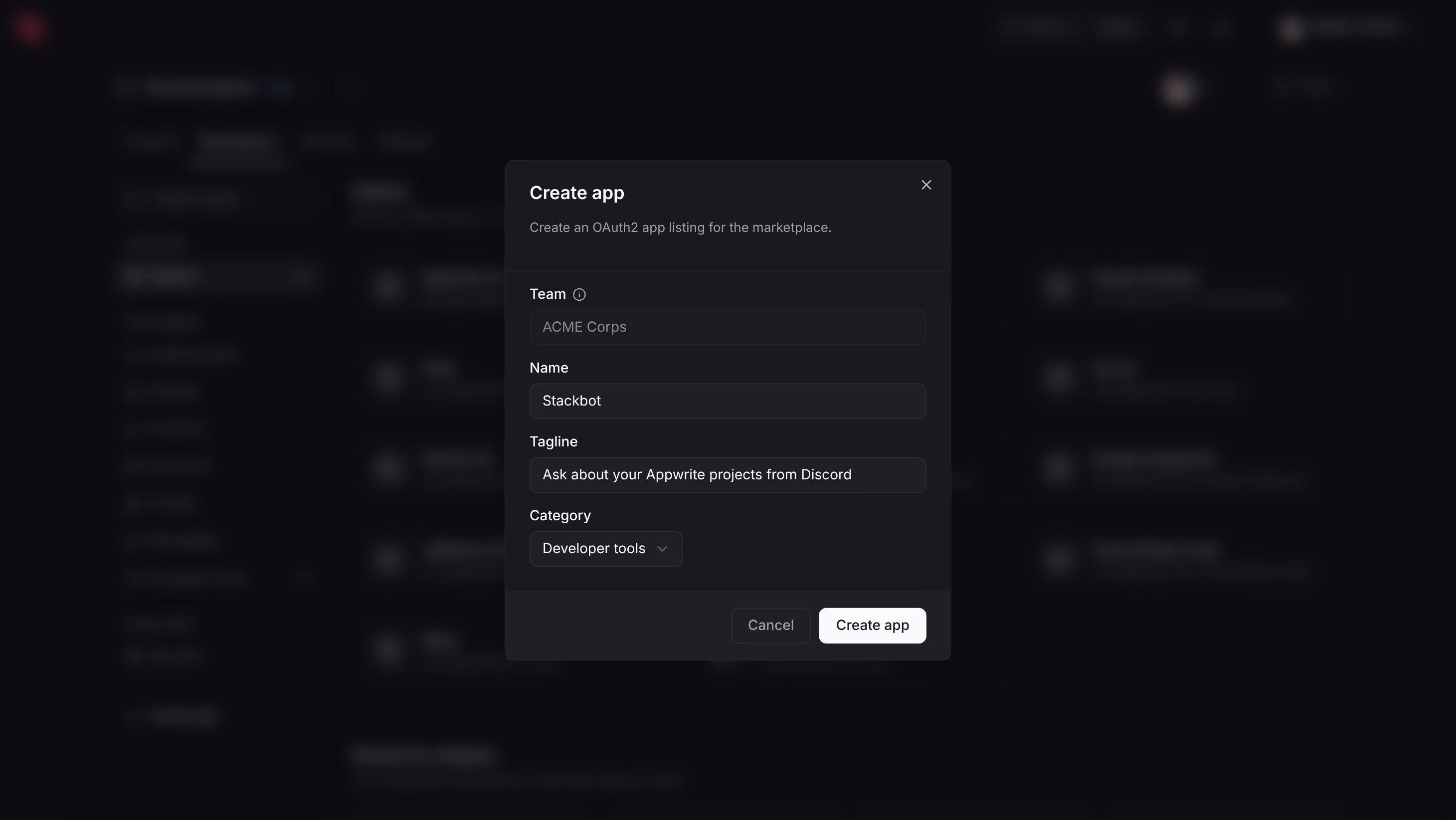 The Create app dialog in the Appwrite Console with the name Stackbot and a one-line tagline