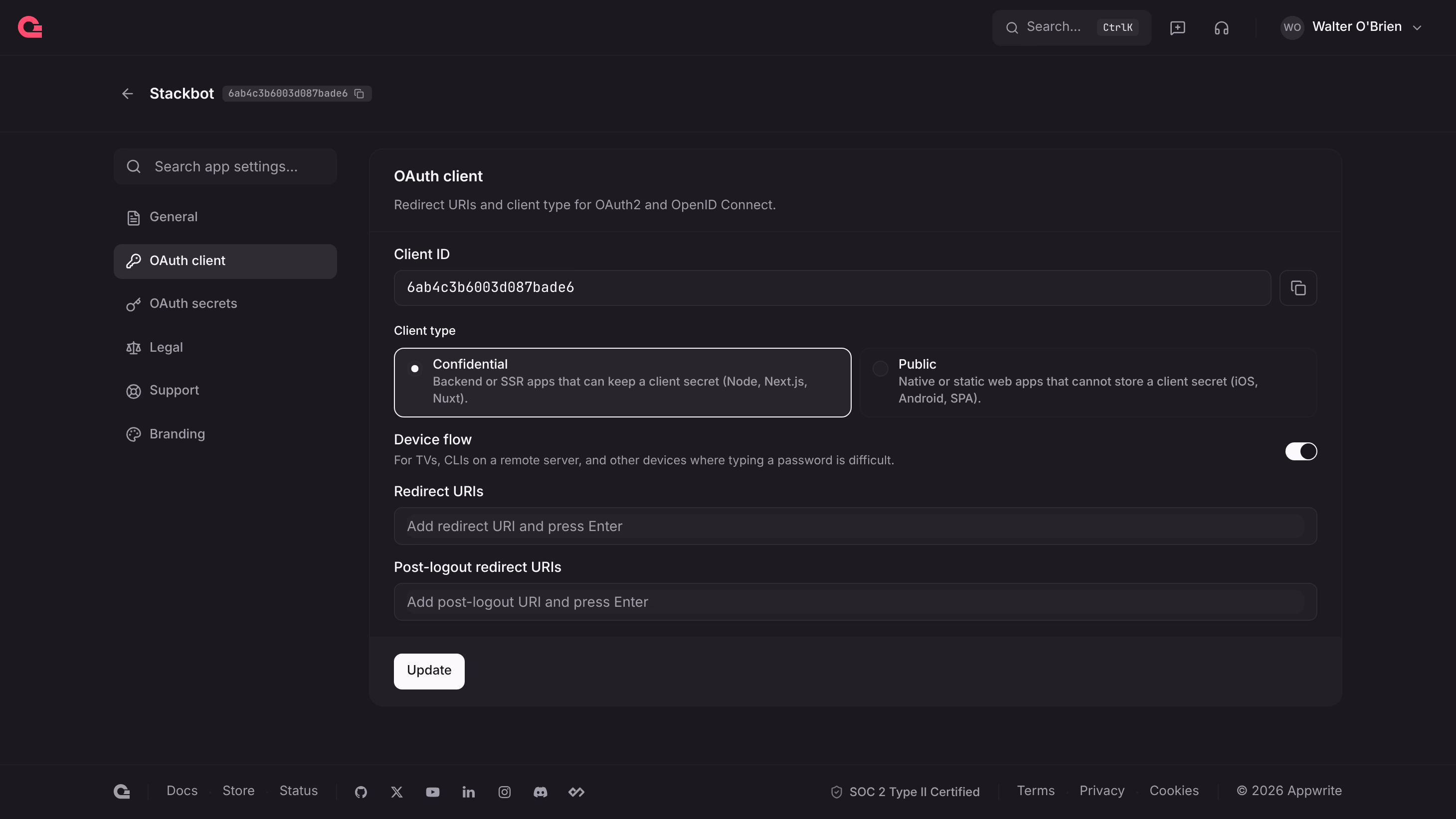The OAuth client page of the Stackbot app with the client type set to confidential and device flow turned on