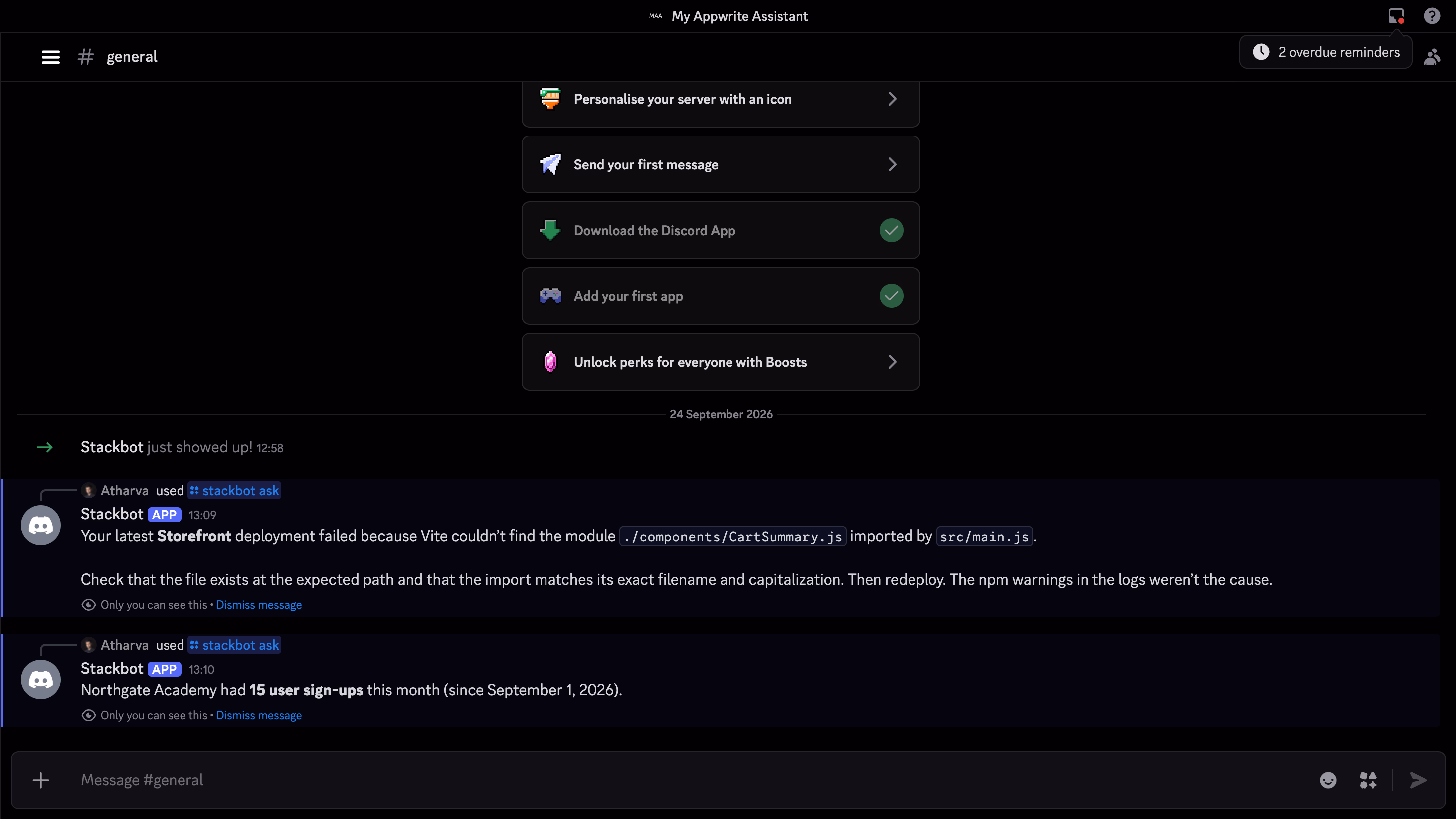 Two ephemeral Stackbot replies in Discord, one explaining a failed Storefront build and one counting signups for Northgate Academy