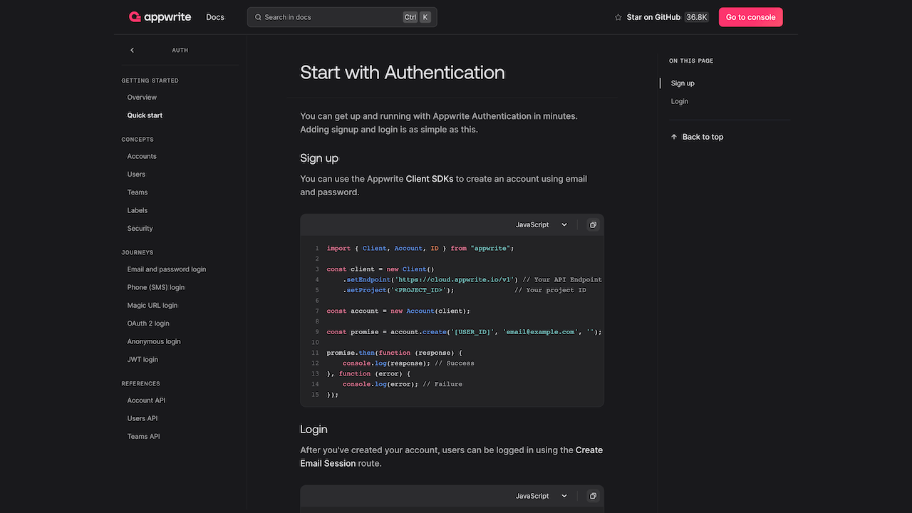 Quick start in the Authentication docs page