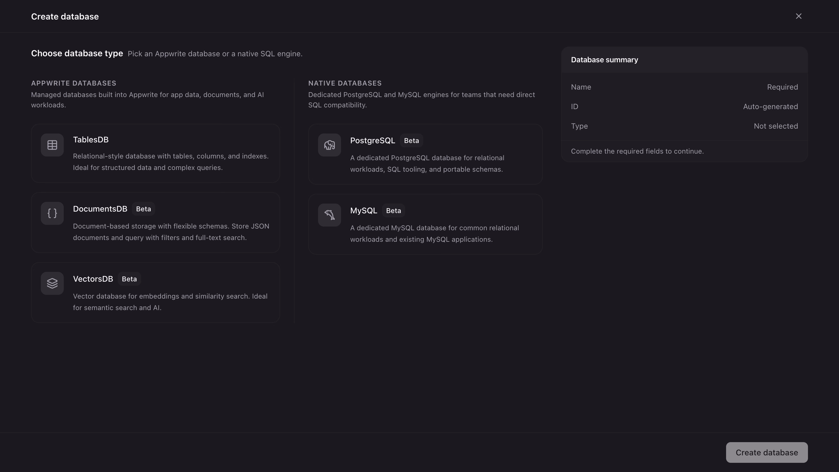 Create database screen with PostgreSQL under Native databases