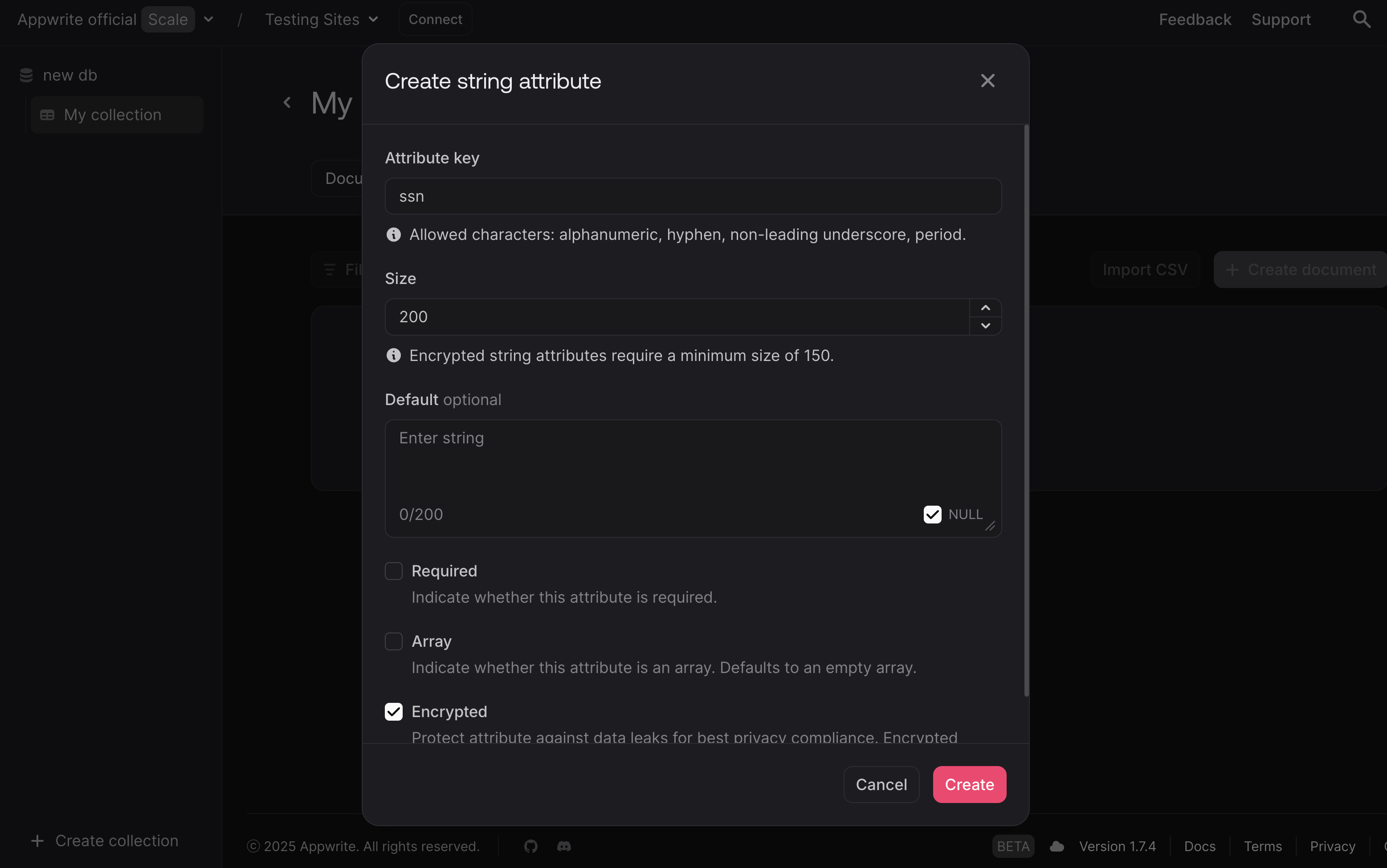 string attribute modal