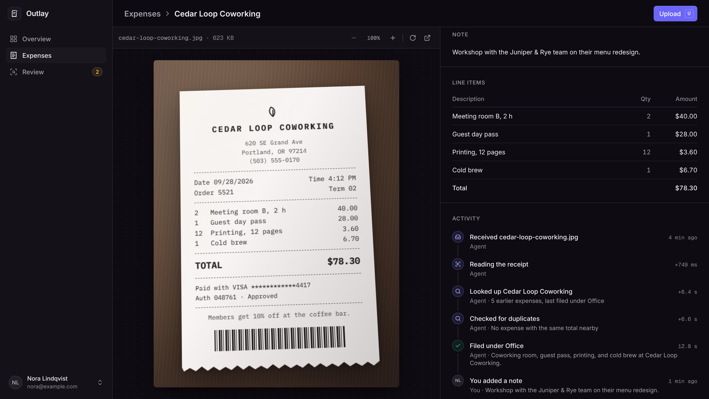 The Cedar Loop Coworking expense in Outlay with the receipt photo, four line items, and the timeline of the agent and the user