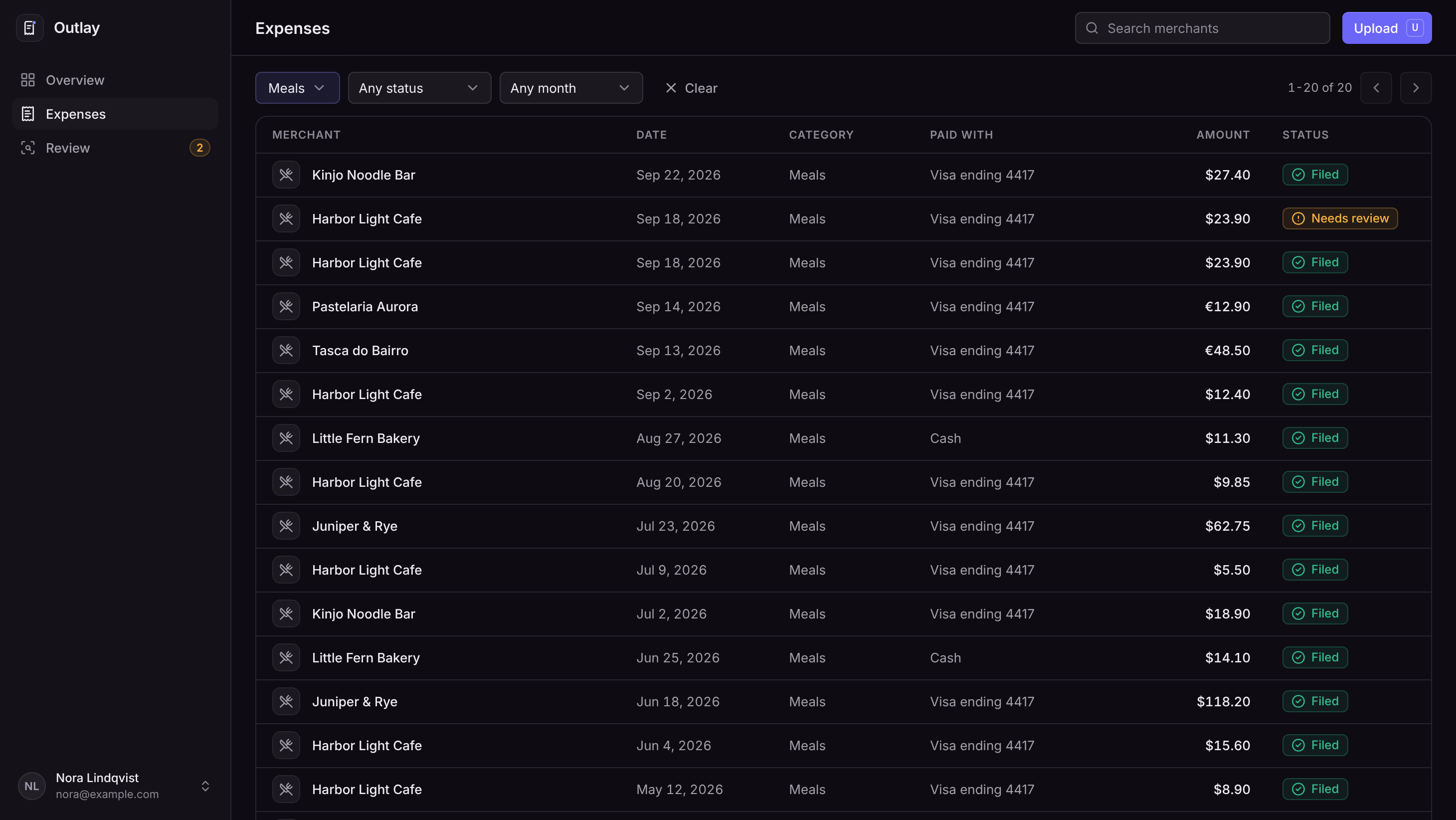 The Outlay expenses list filtered by category
