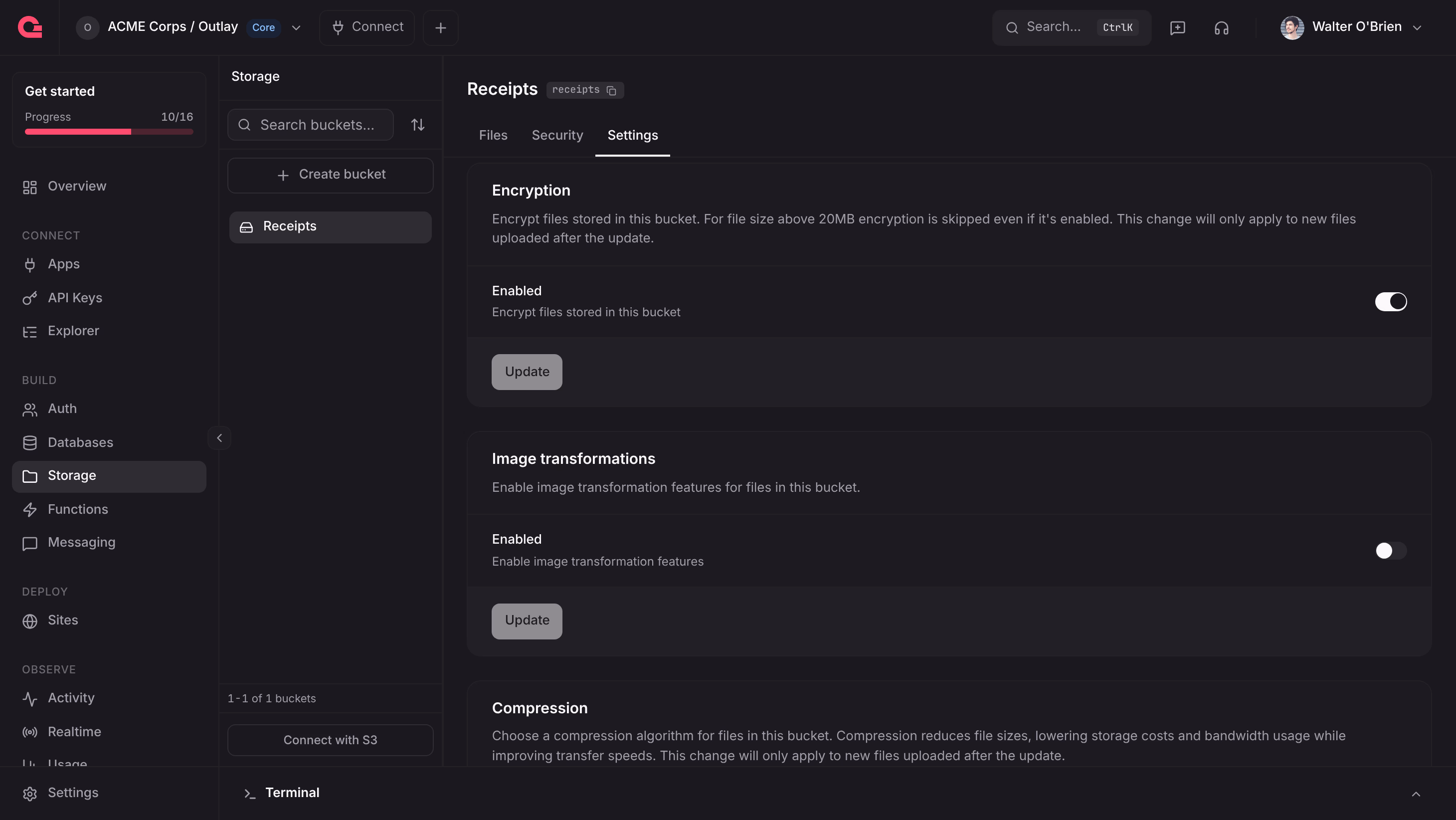 Receipts bucket settings with encryption enabled and image transformations disabled