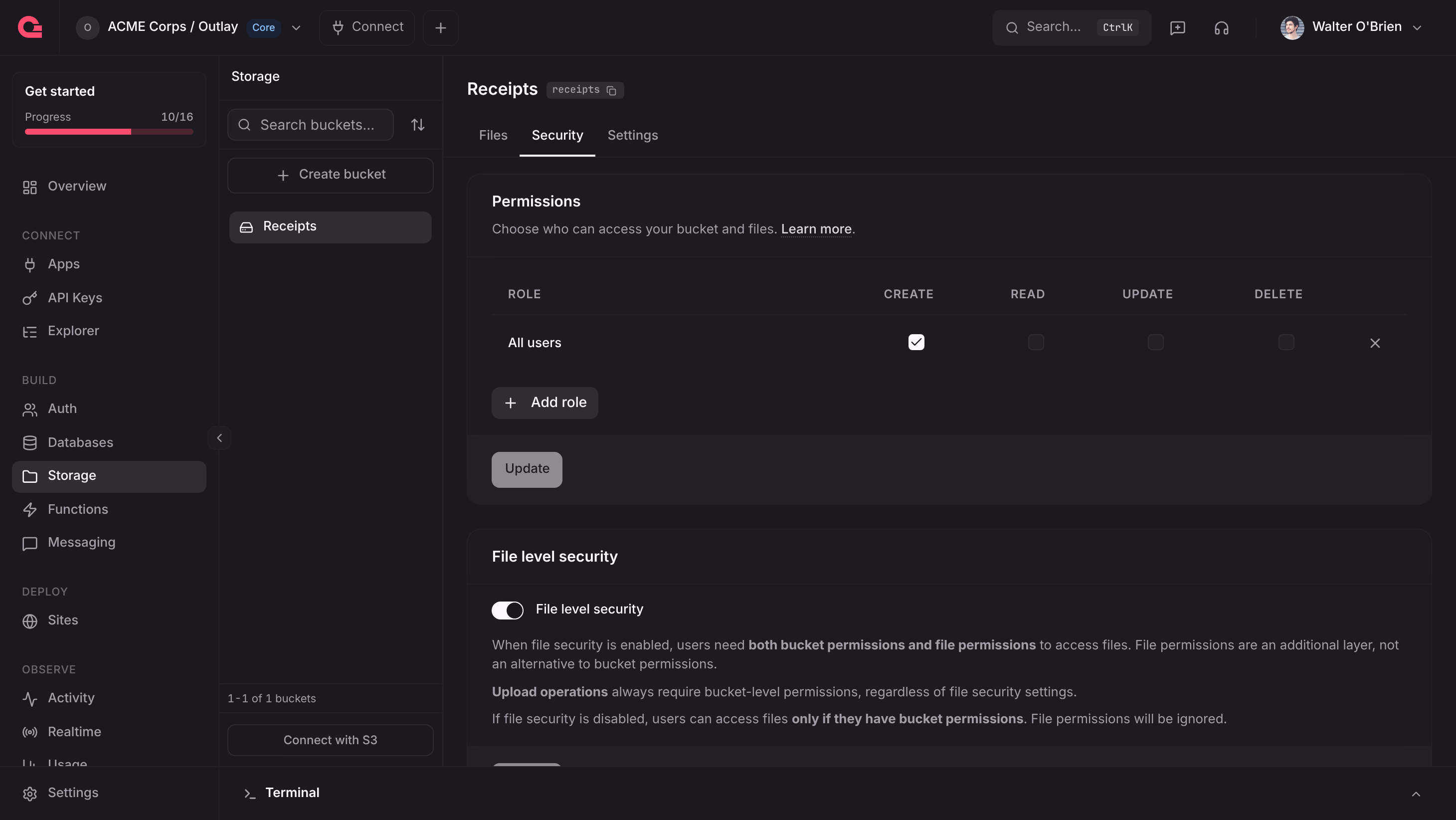 The Security tab of the Receipts bucket with the Create permission for all users and file level security turned on