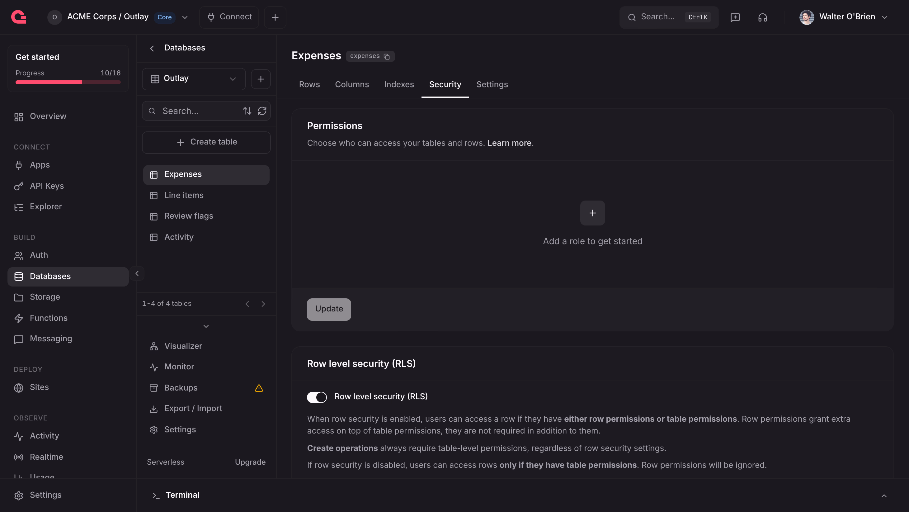 The Security tab of the expenses table with row level security turned on and no table permissions
