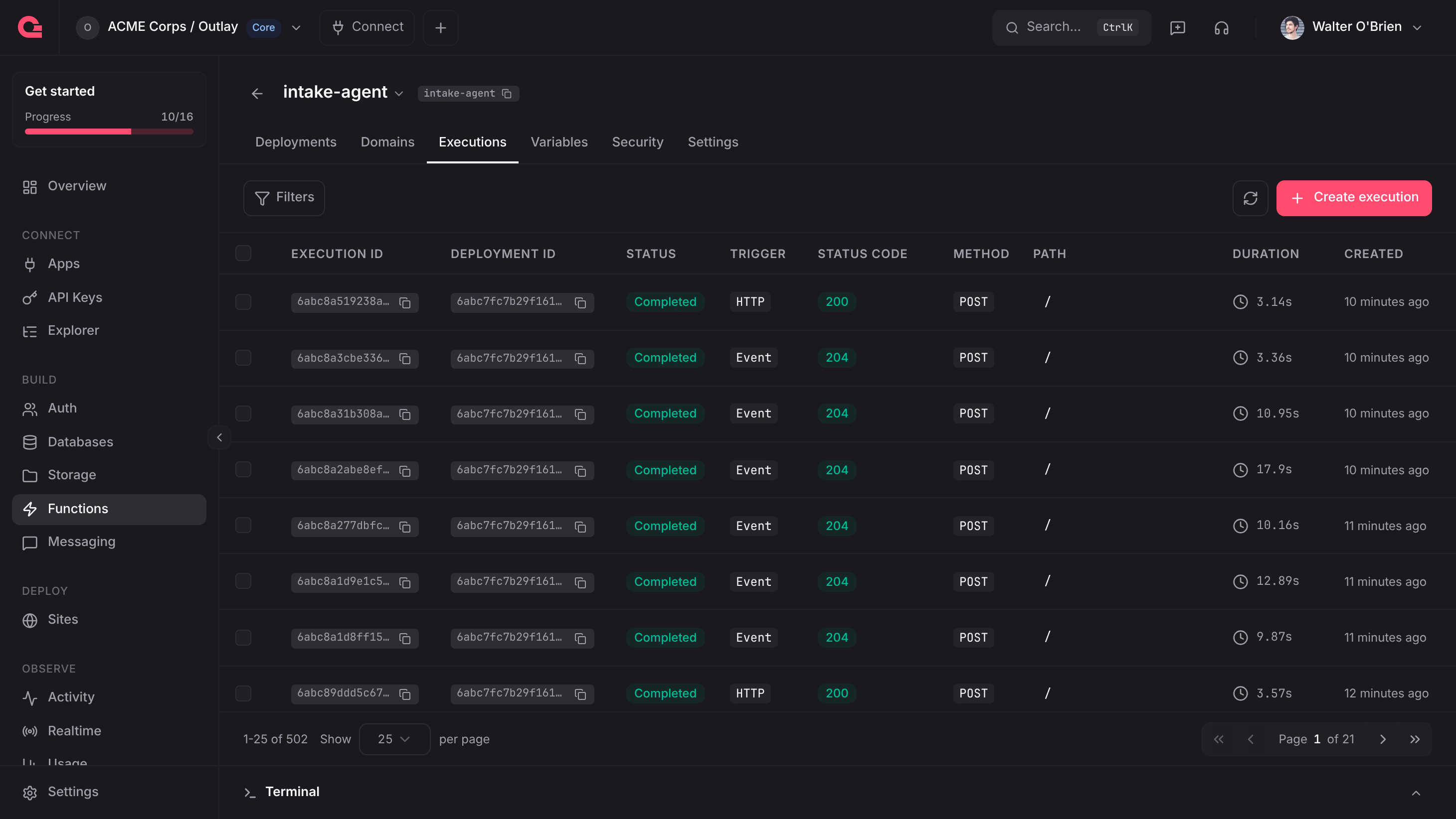 The Executions tab of the intake-agent function with one completed event execution for each upload