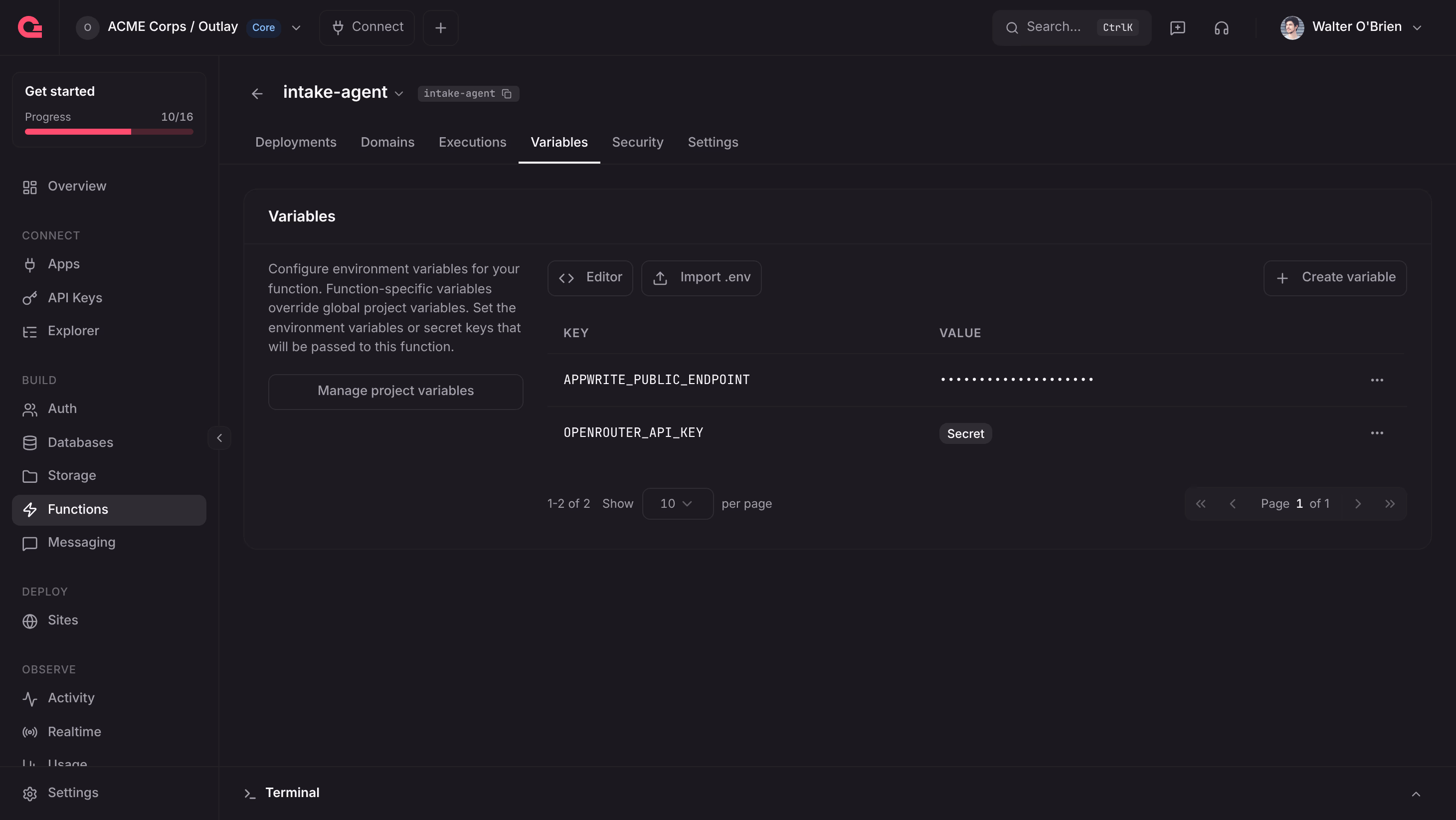 The Variables tab of the intake-agent function with the OpenRouter API key marked secret and the public API endpoint