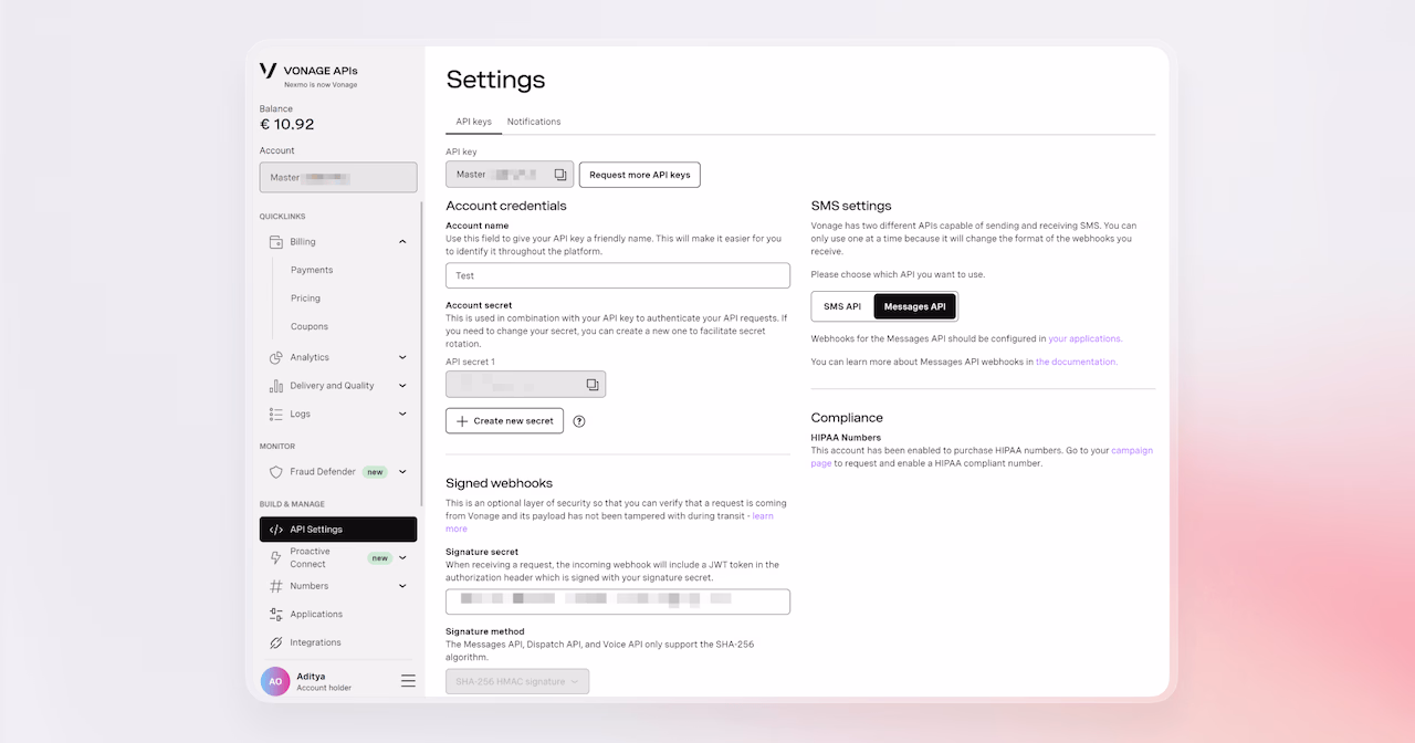 Vonage API Dashboard