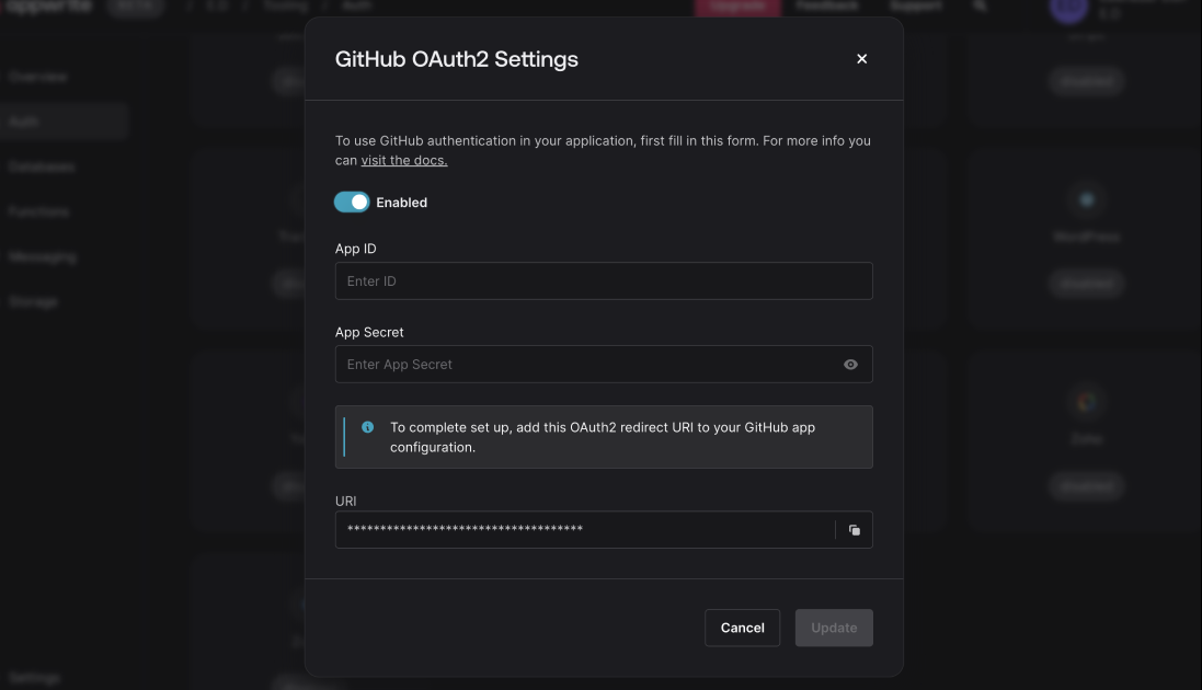 Appwrite GitHub OAuth settings