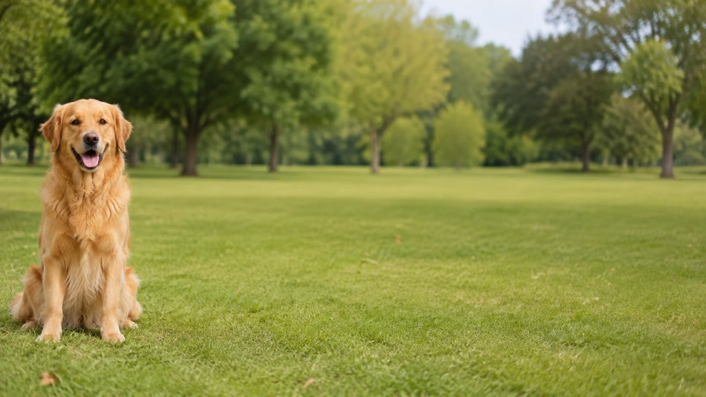 A golden retriever positioned on the left side of a wide photograph