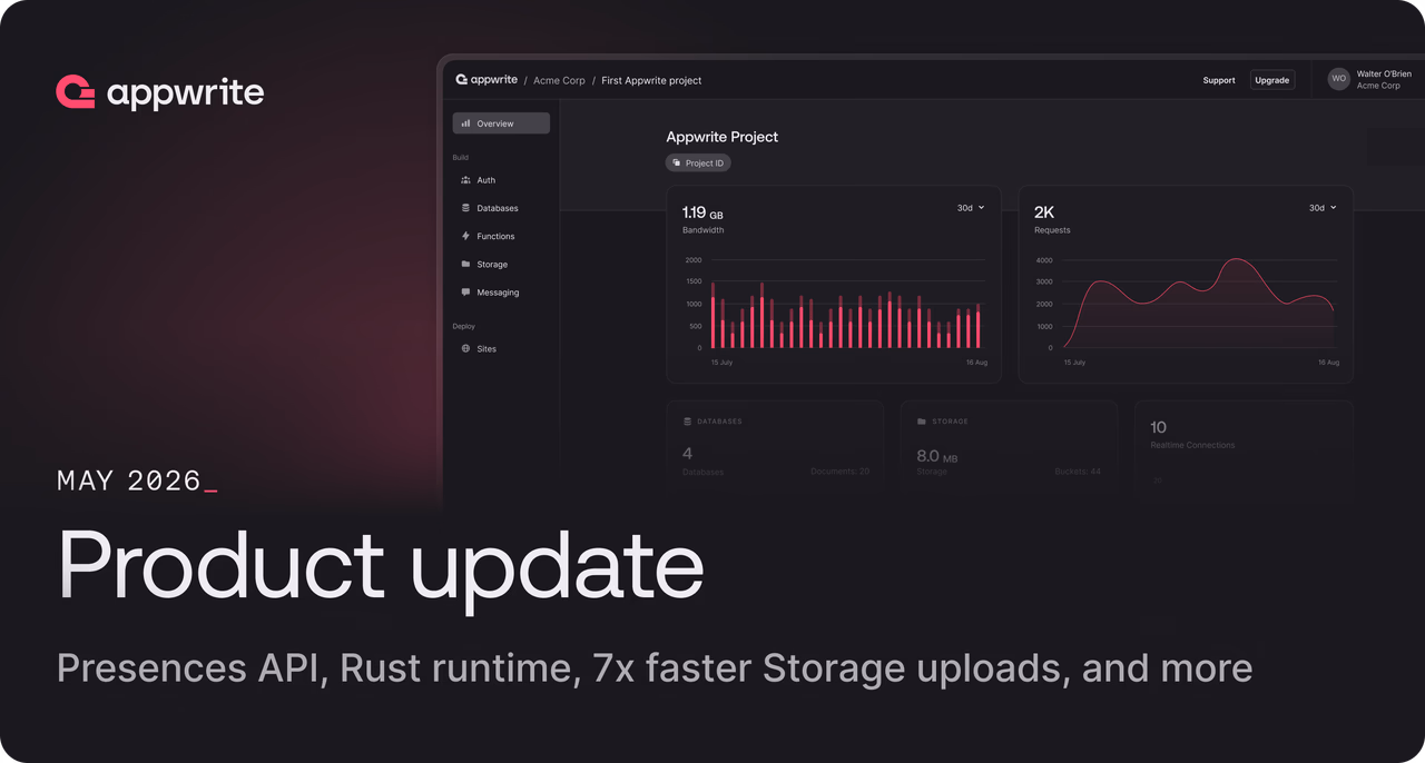 May product update: Presences API, Rust runtime, 7x faster Storage uploads, and more