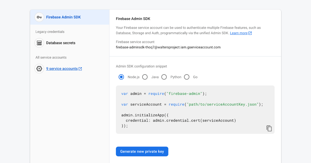 Firebase key management screen.