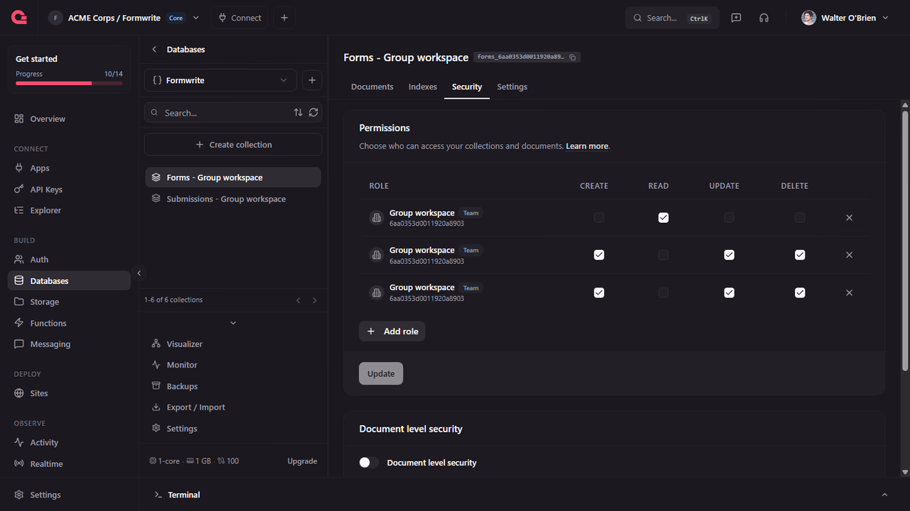Appwrite Console showing the Security tab of a tenant forms collection with read for all team members and create, update, and delete for owners and editors