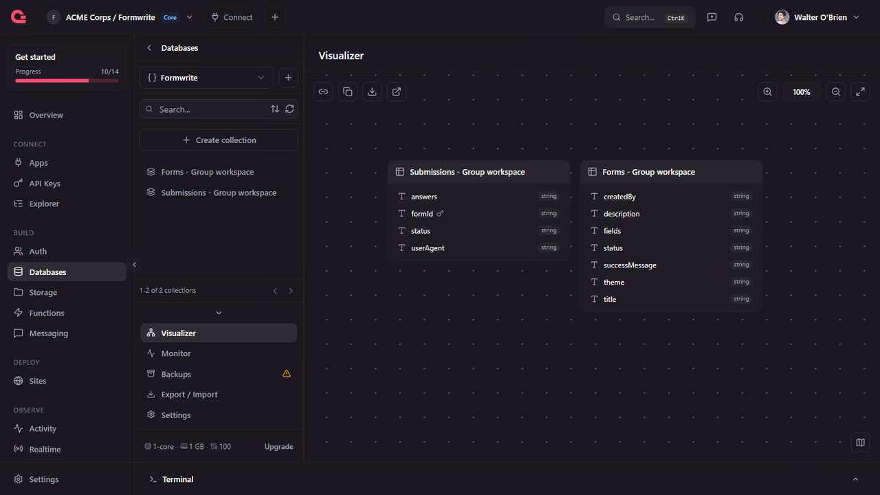 Appwrite Console database visualizer showing the forms and submissions collections for one workspace