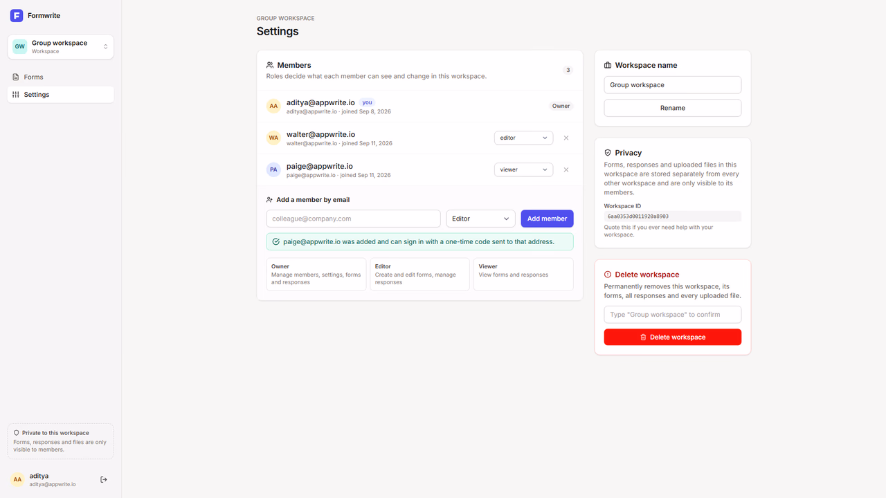 Formwrite workspace settings showing an owner, an editor, and a viewer, plus the add member form