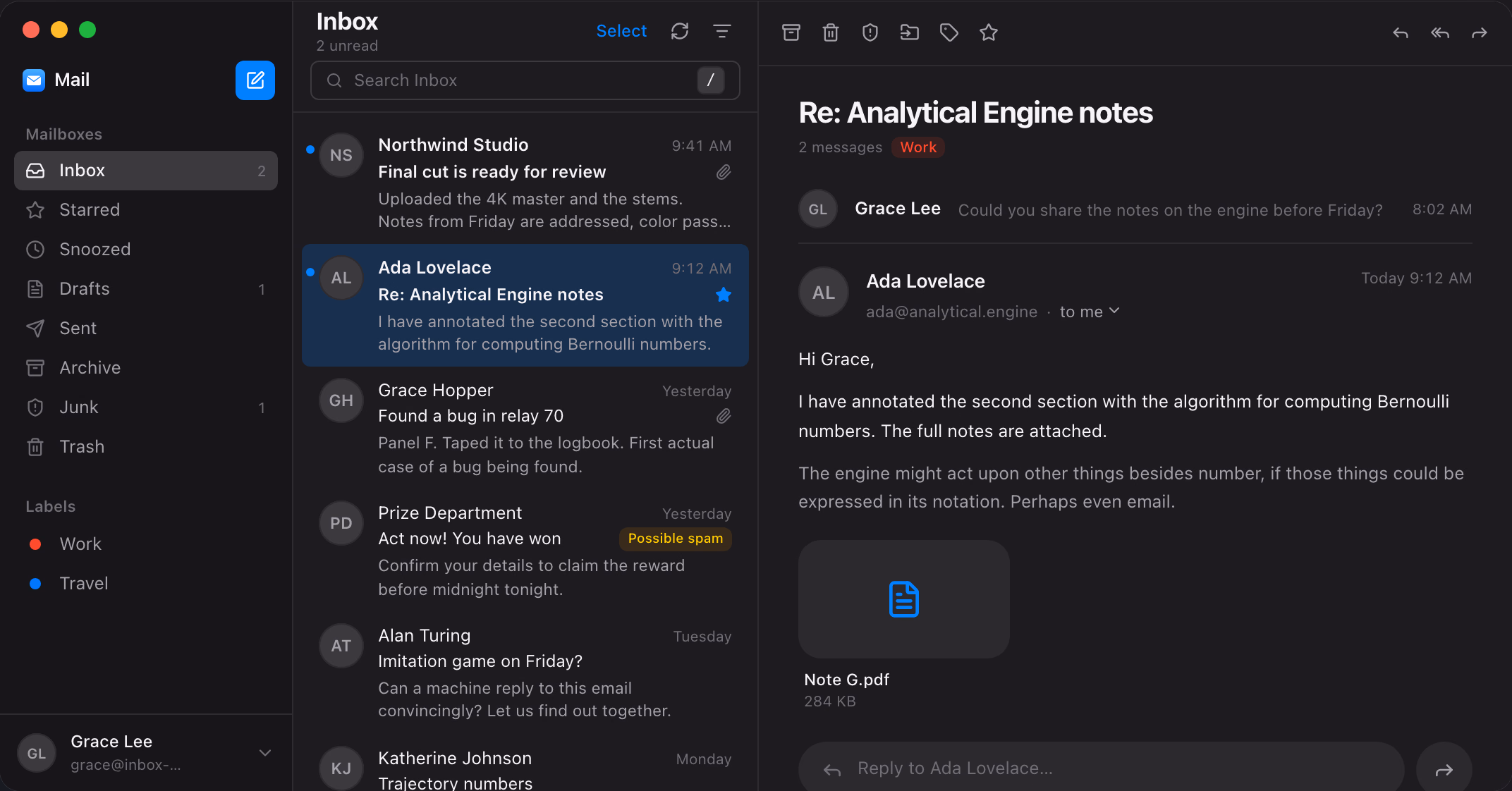 The Appwrite Email inbox with mailboxes, labels, a message list, and an open thread with a PDF attachment