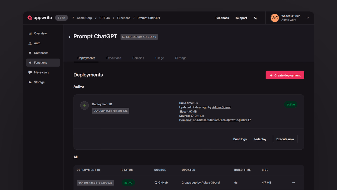 Appwrite Function deployments