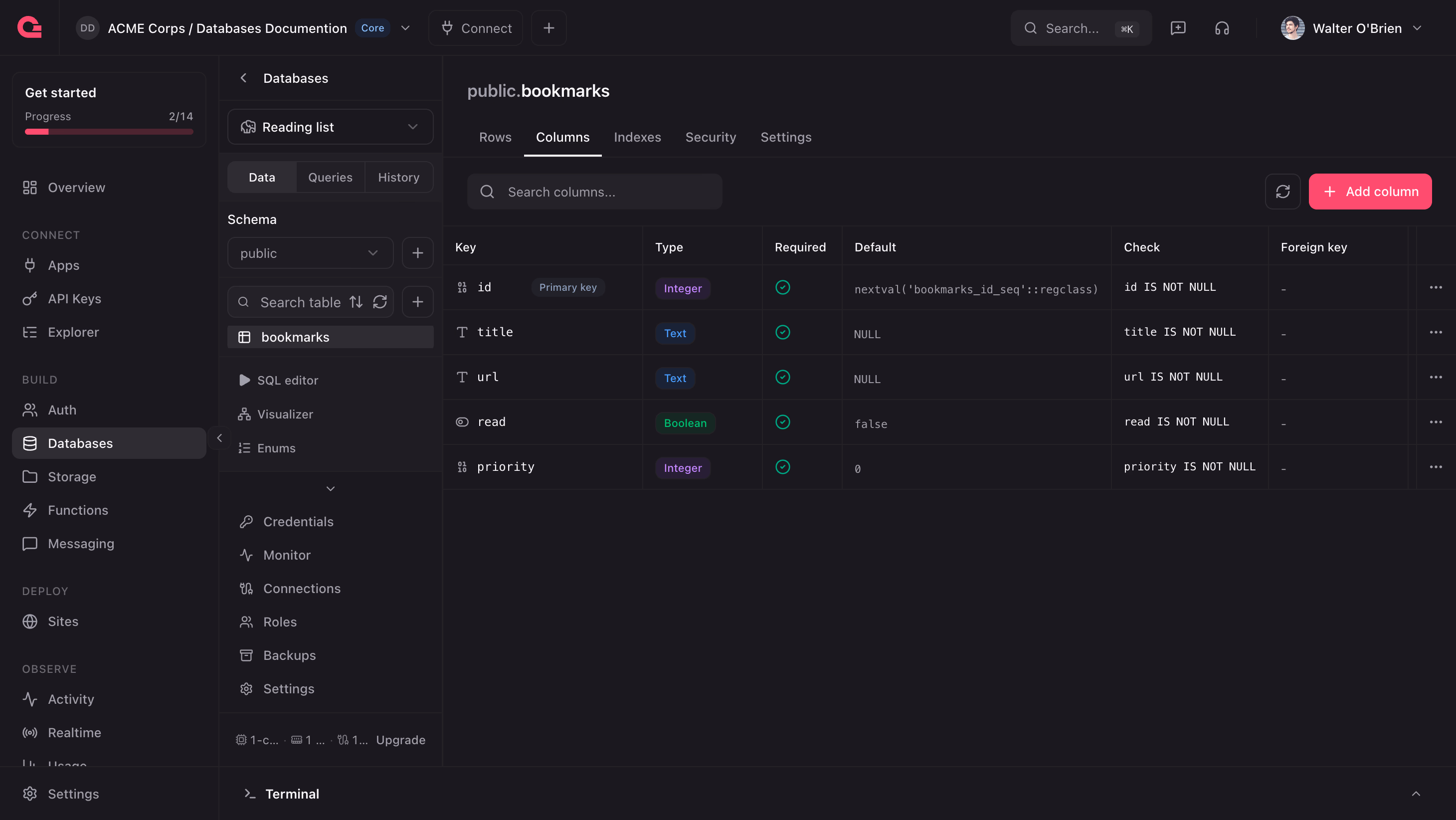 The bookmarks table after adding the priority column